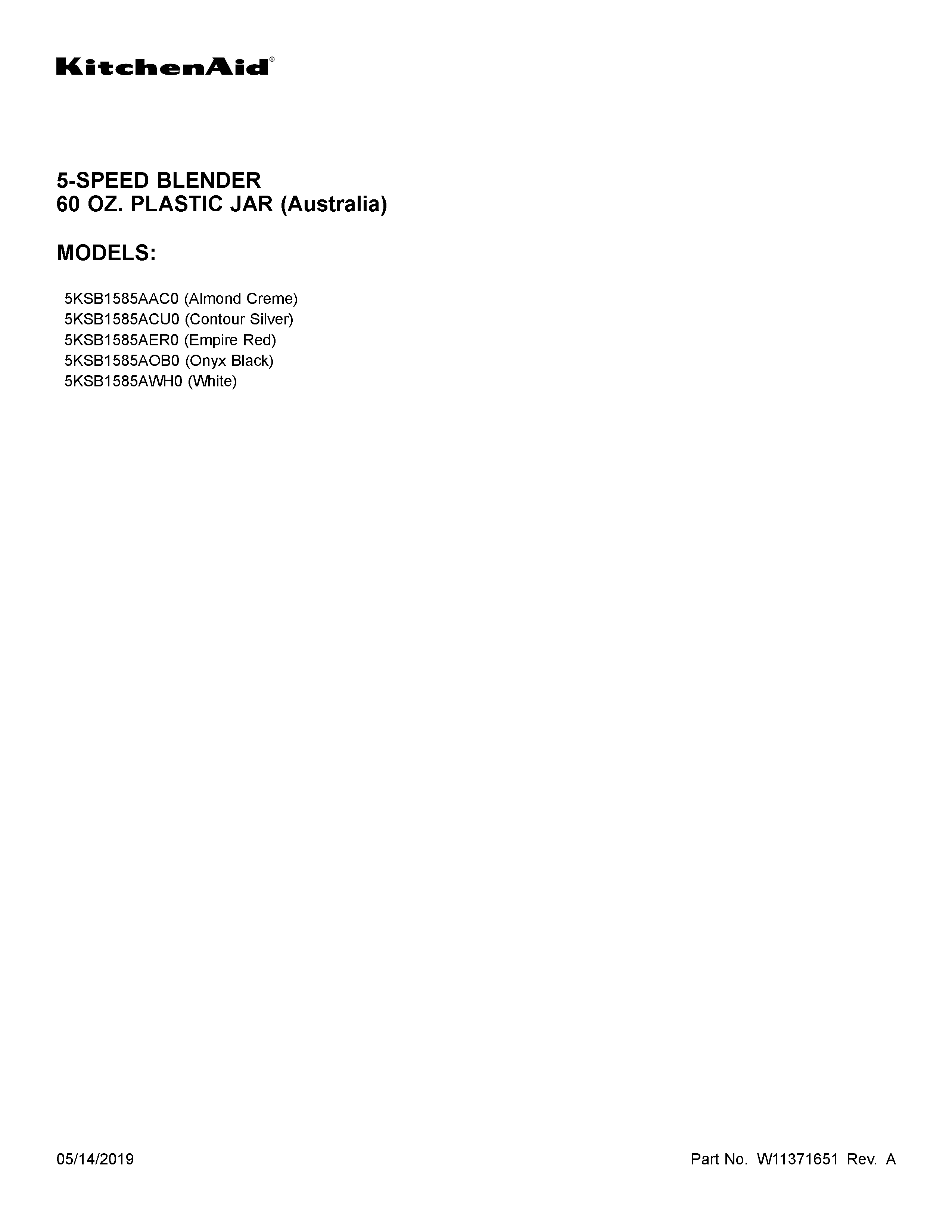 KitchenAid 5KSB1585AER0 cover sheet diagram