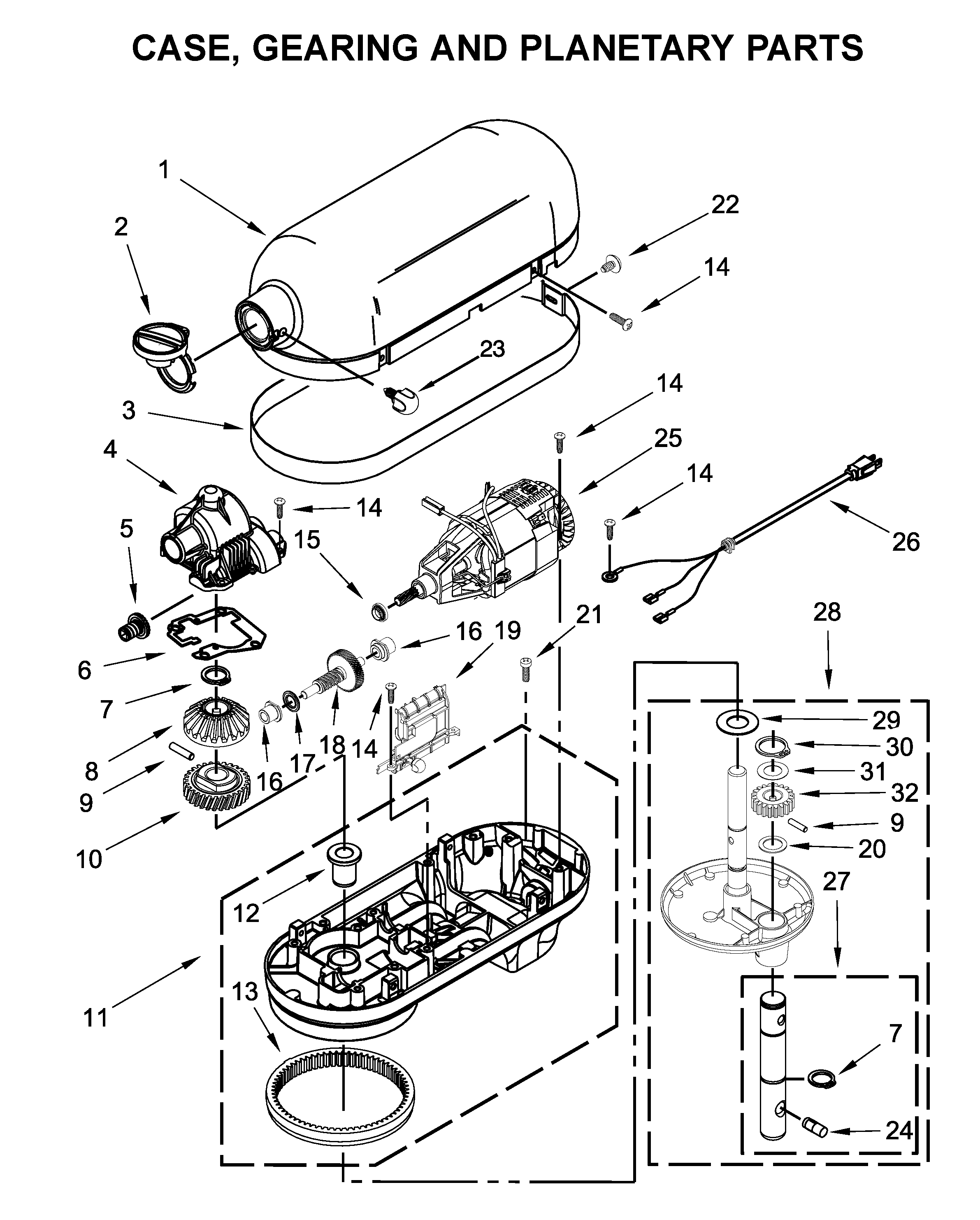 KitchenAid 4KG25H3XWH5 case, gearing and planetary parts diagram