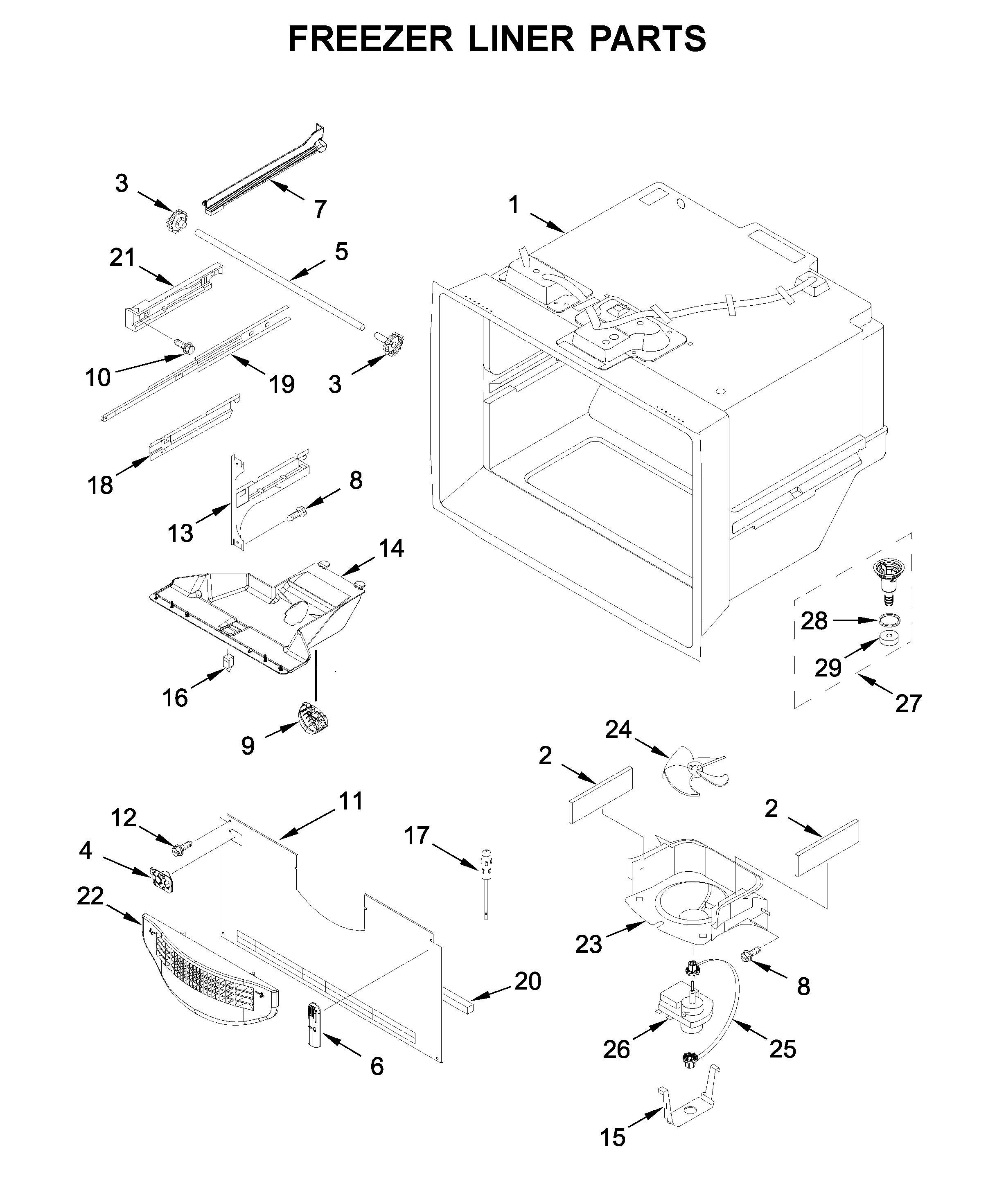 Whirlpool WRB329DFBW01 freezer liner parts diagram