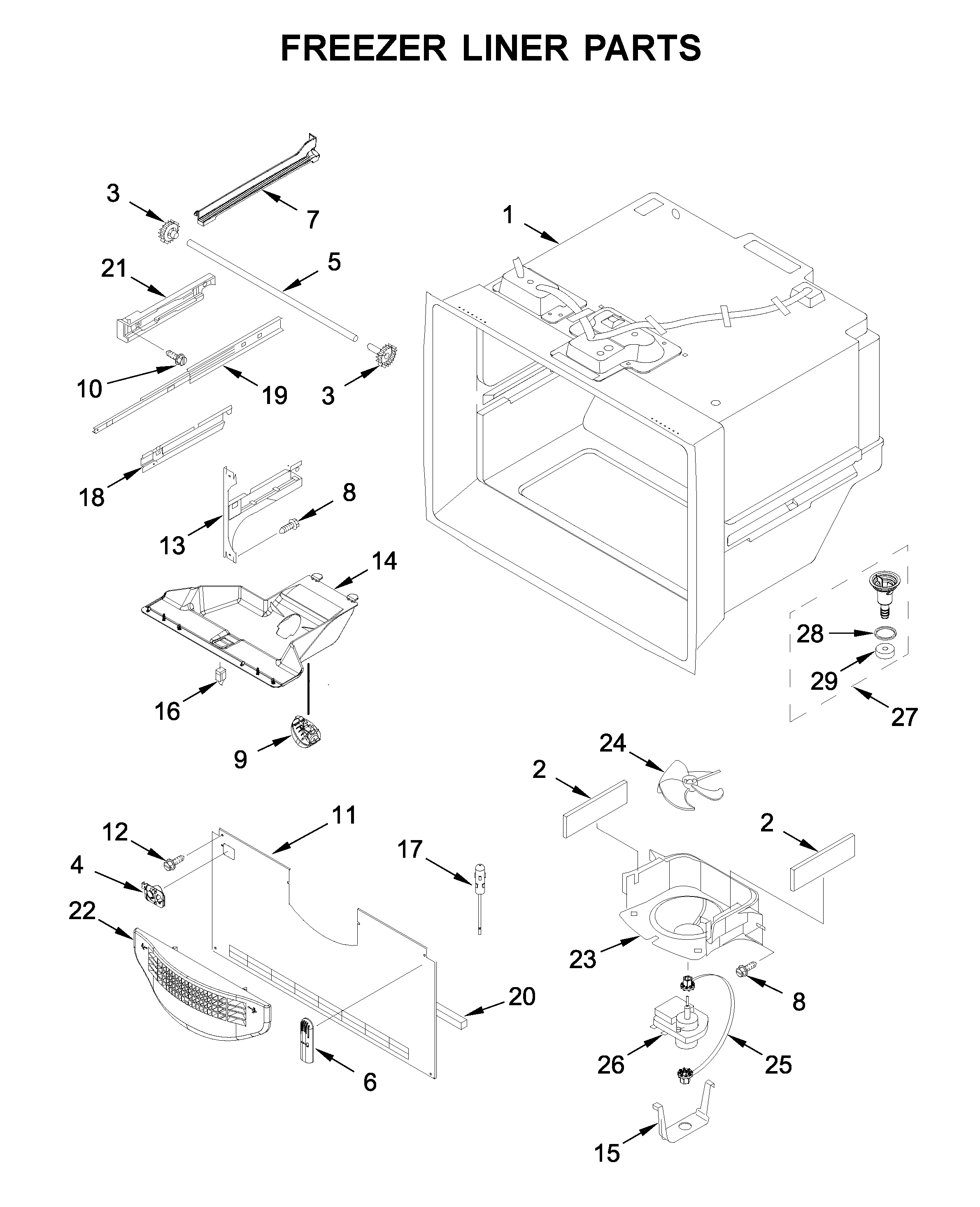 Whirlpool WRB329RFBM01 freezer liner parts diagram