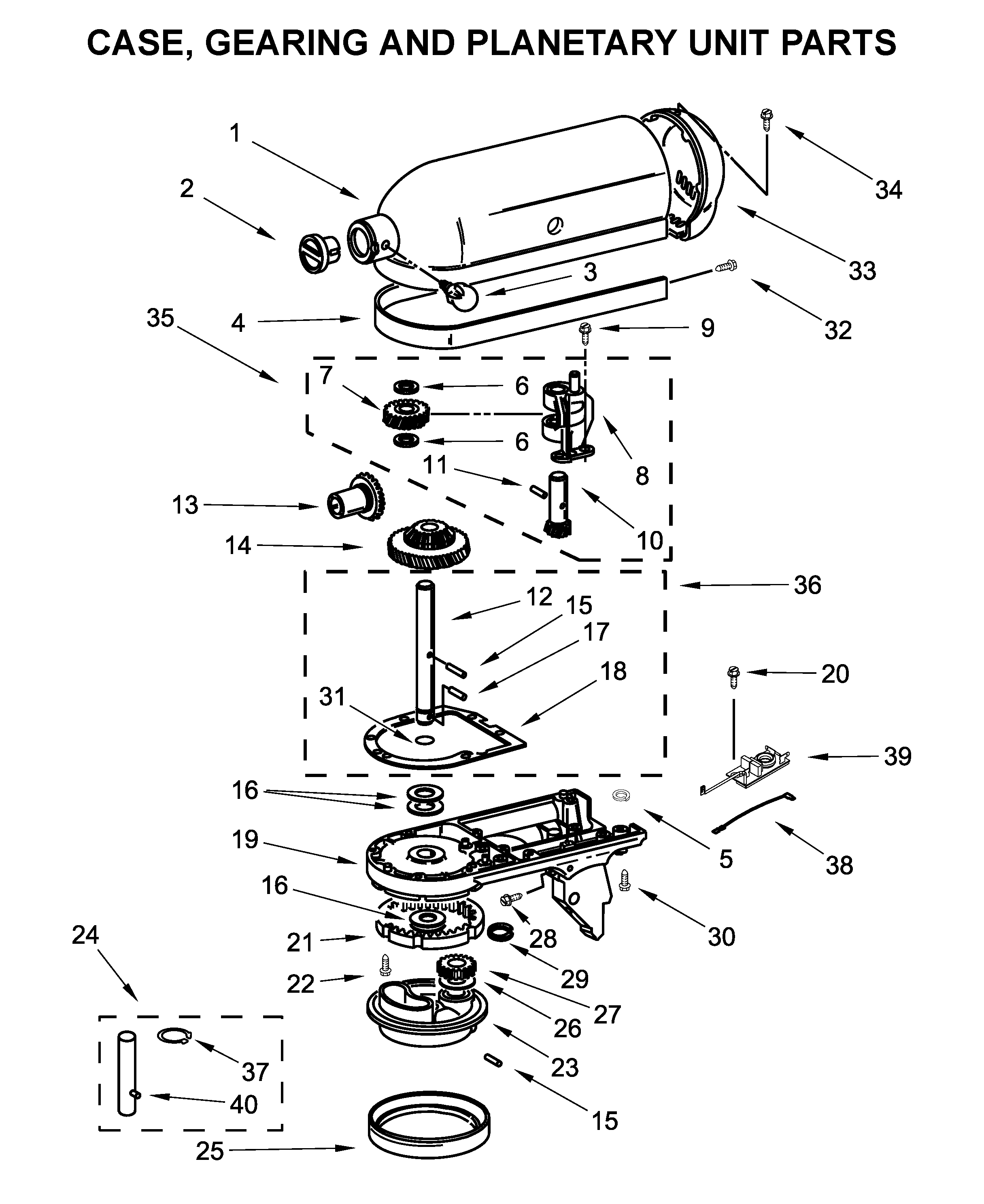 KitchenAid 5KSM156HMEMH4 case, gearing and planetary unit parts diagram