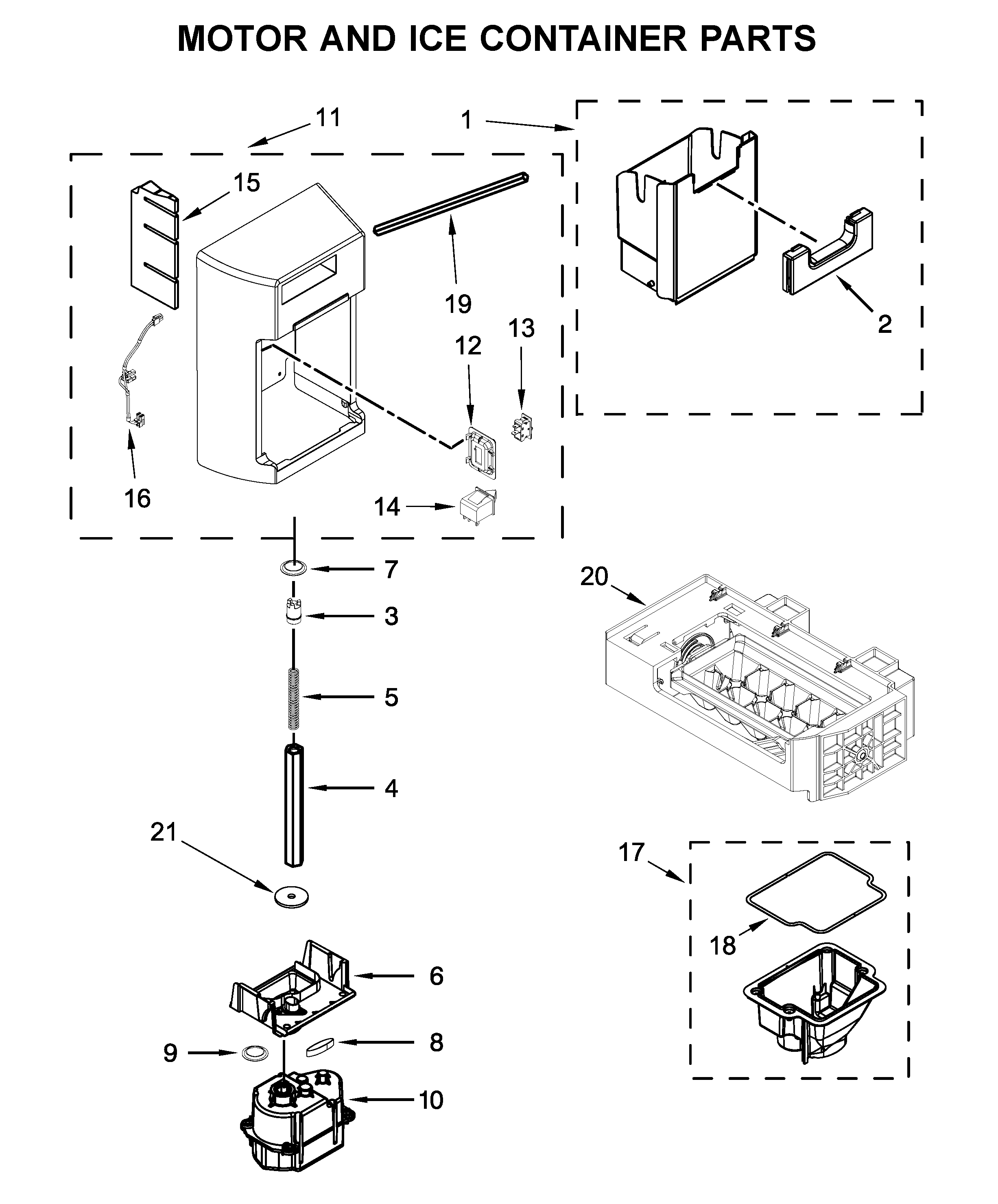 Whirlpool WRS555SIHV00 motor and ice container parts diagram
