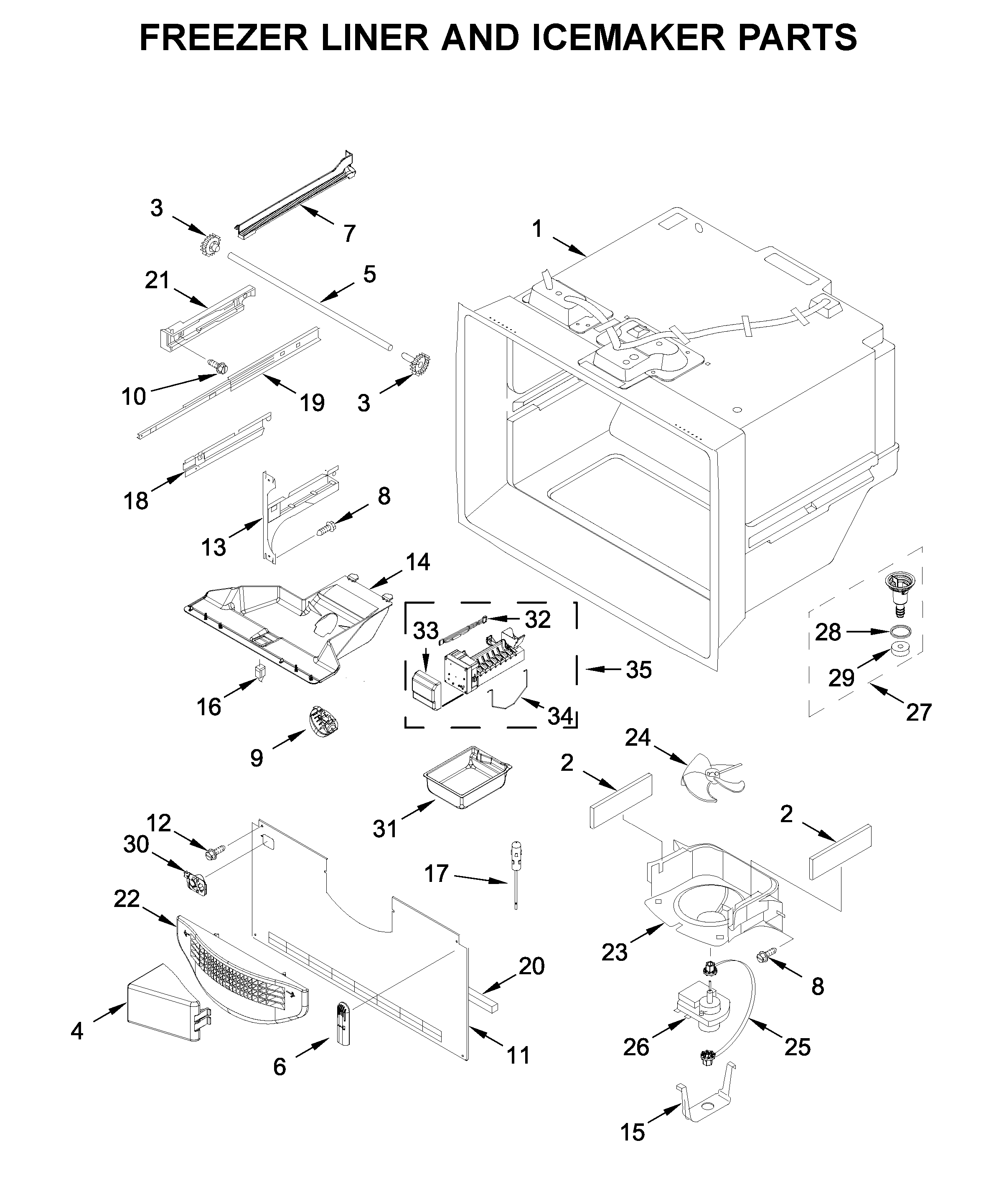 Whirlpool WRB322DMHV01 freezer liner and icemaker parts diagram