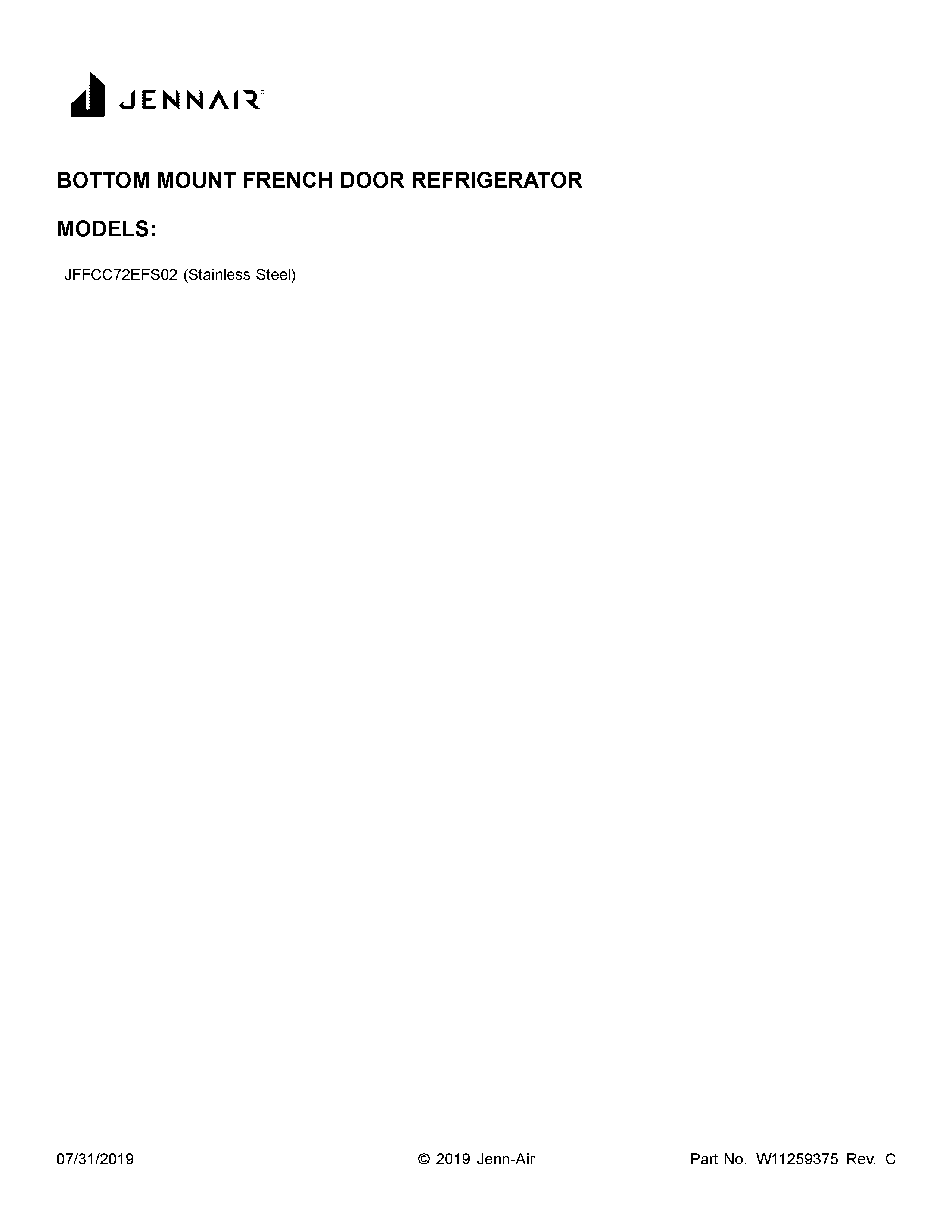 Jenn-Air JFFCC72EFS02 cover sheet diagram