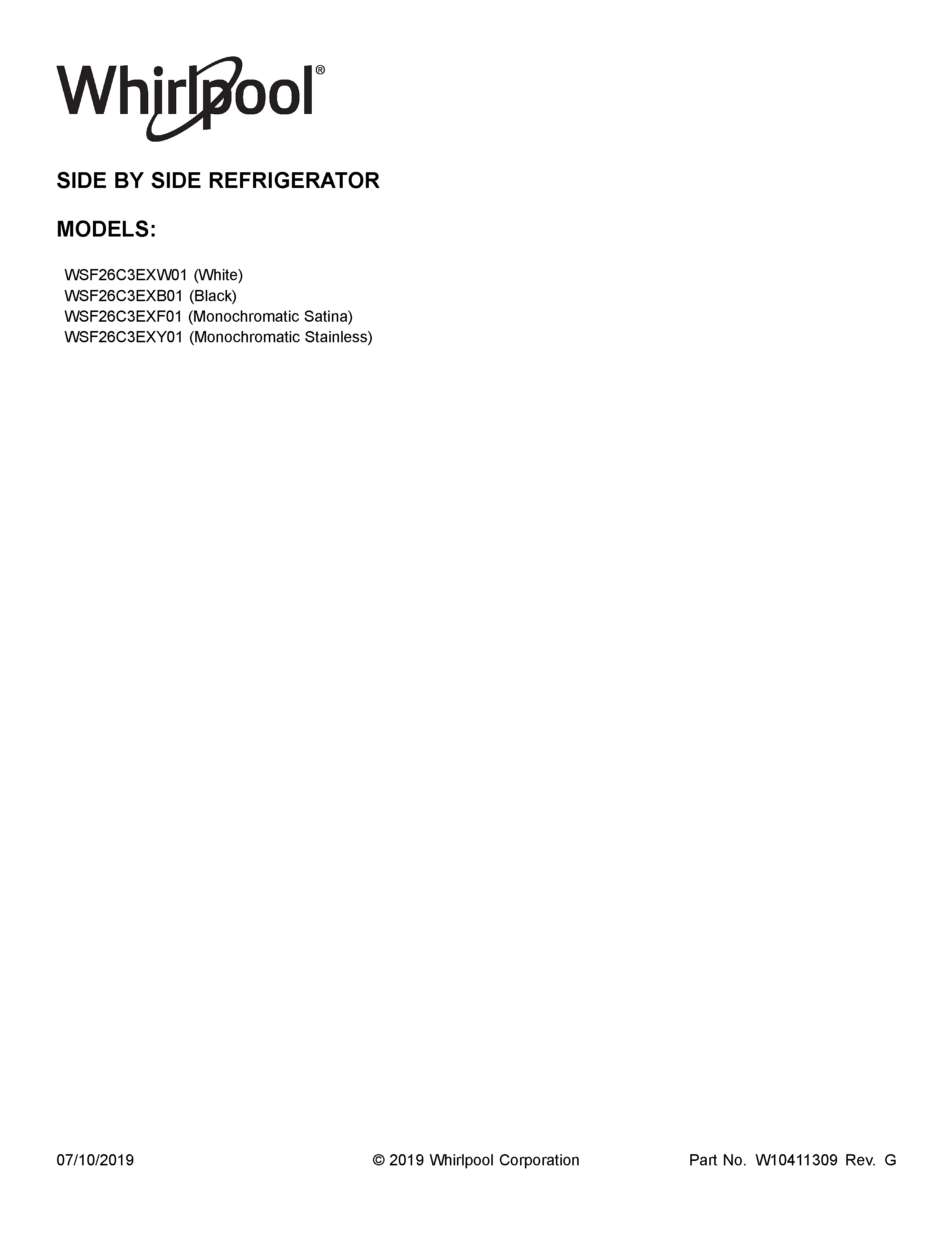 Whirlpool WSF26C3EXY01 cover sheet diagram