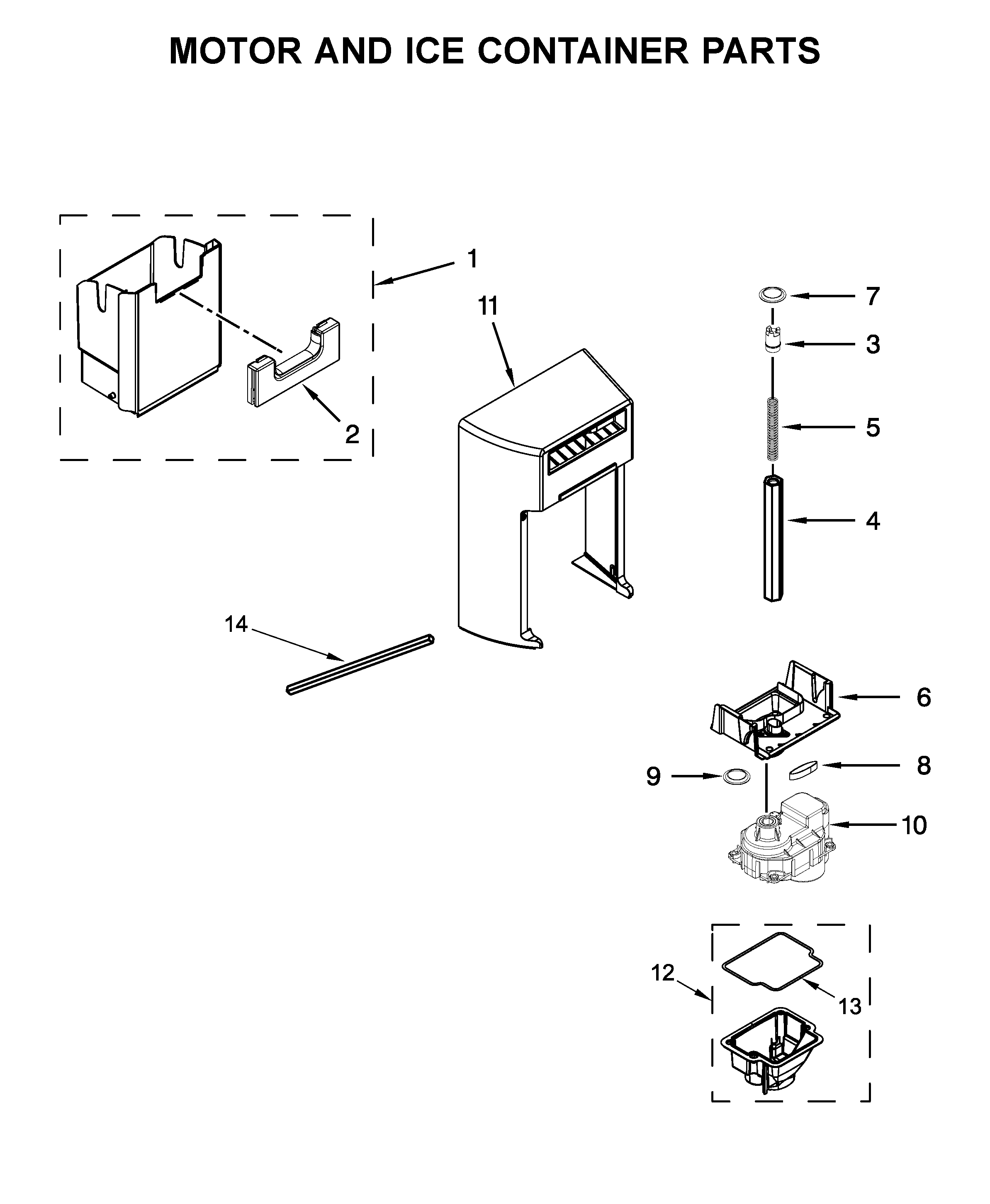 Whirlpool WSF26C3EXY01 motor and ice container parts diagram