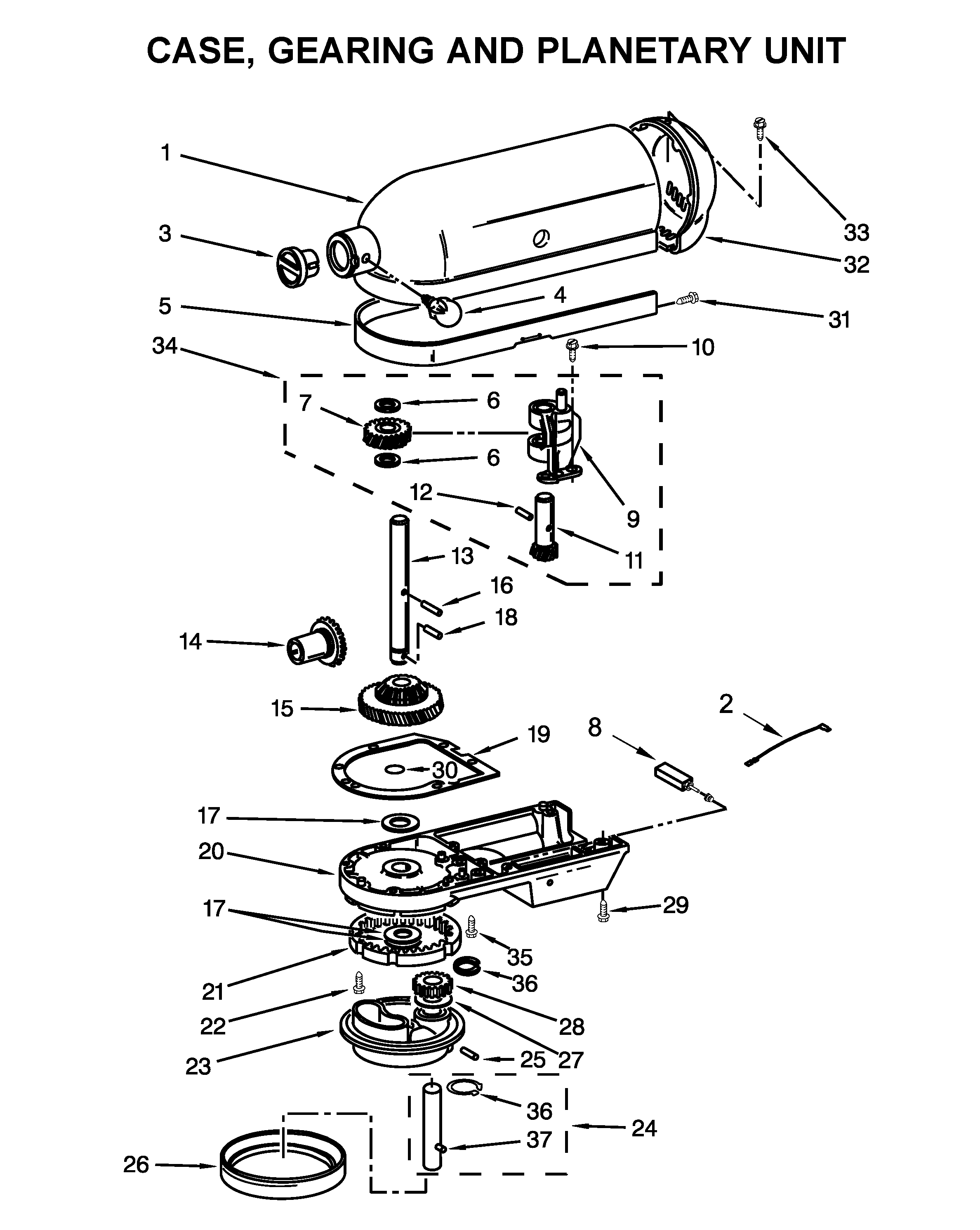 KitchenAid 5KPM5BOB4 case, gearing and planetary unit diagram