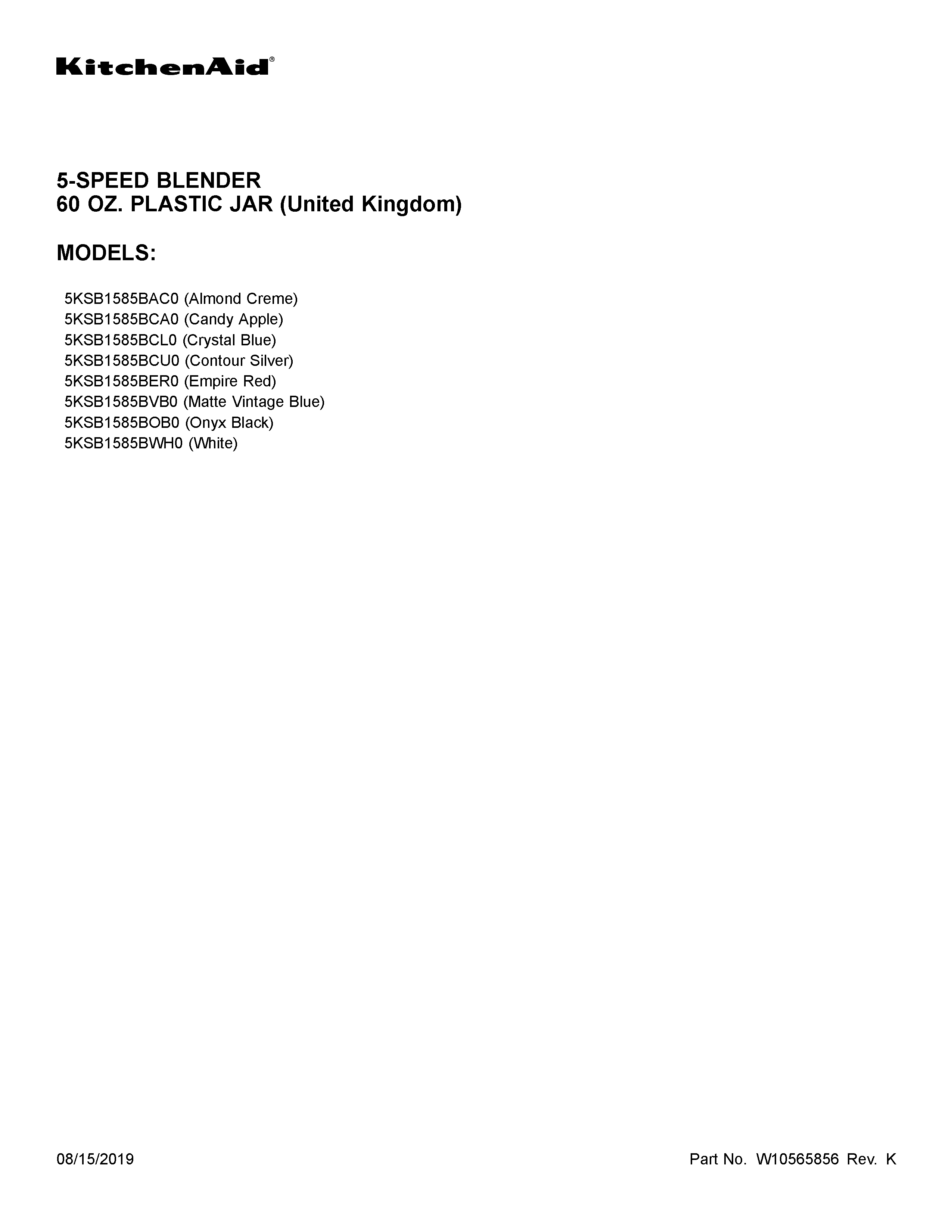 KitchenAid 5KSB1585BWH0 cover sheet diagram