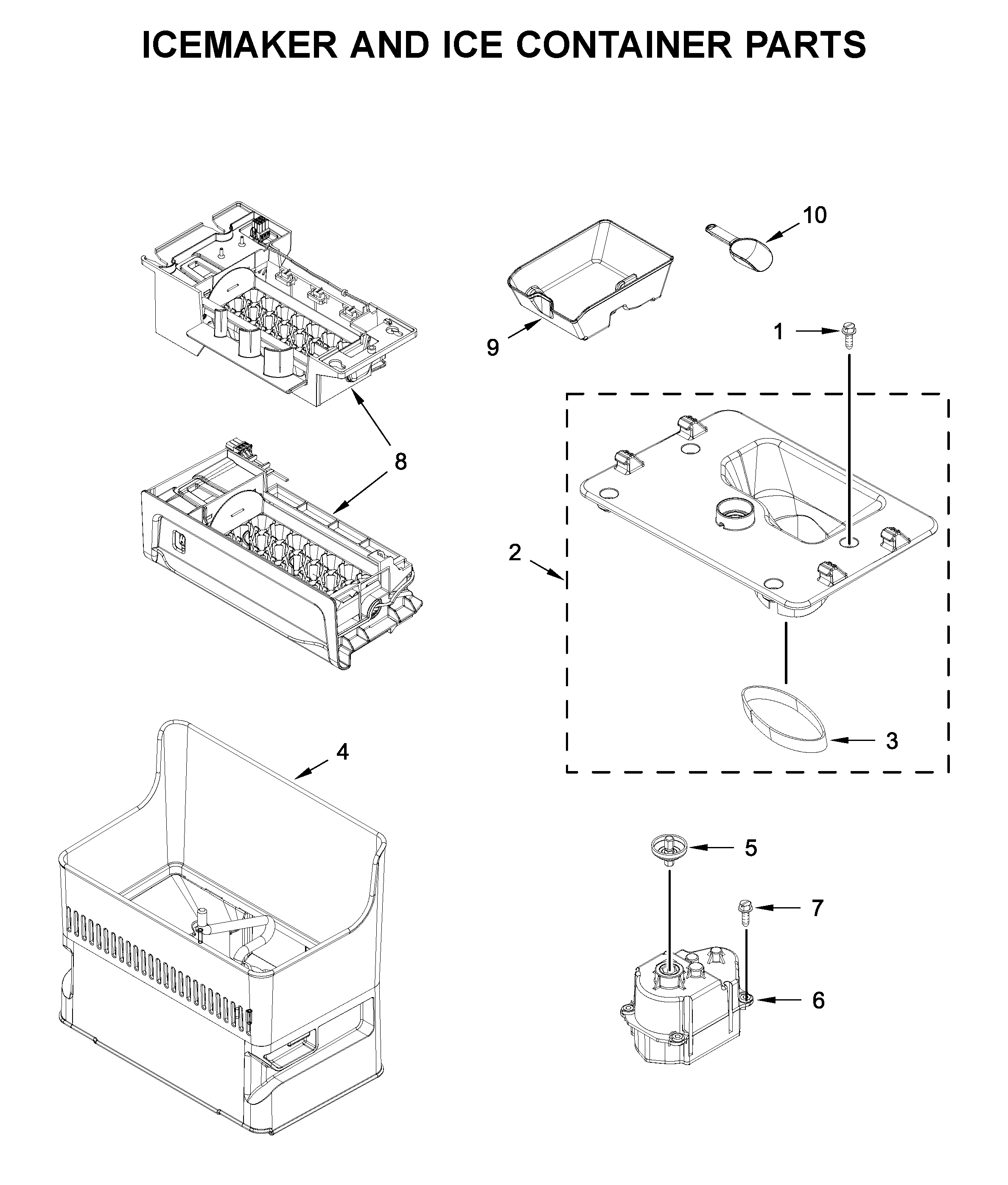 KitchenAid KRFC804GSS00 icemaker and ice container parts diagram