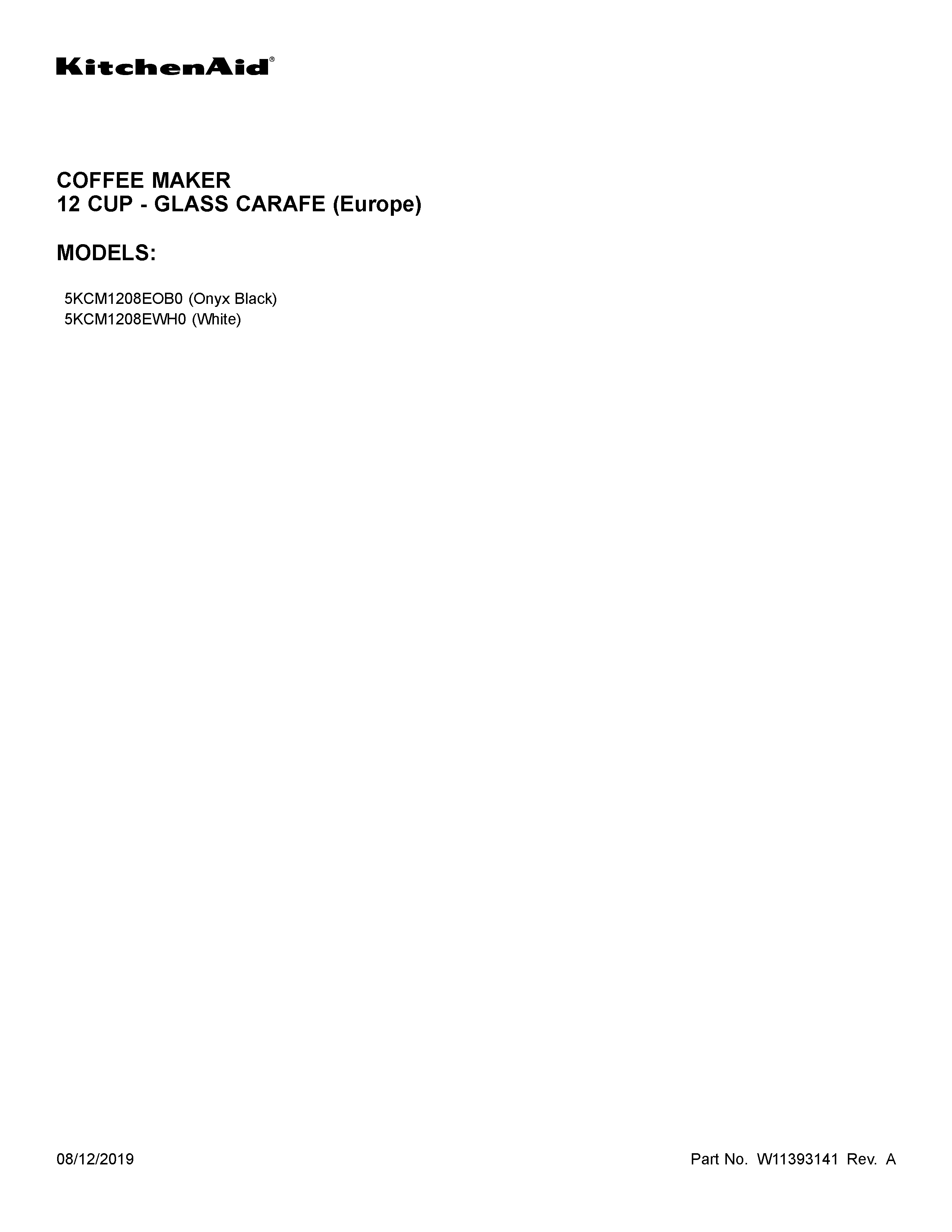 KitchenAid 5KCM1208EWH0 cover sheet diagram