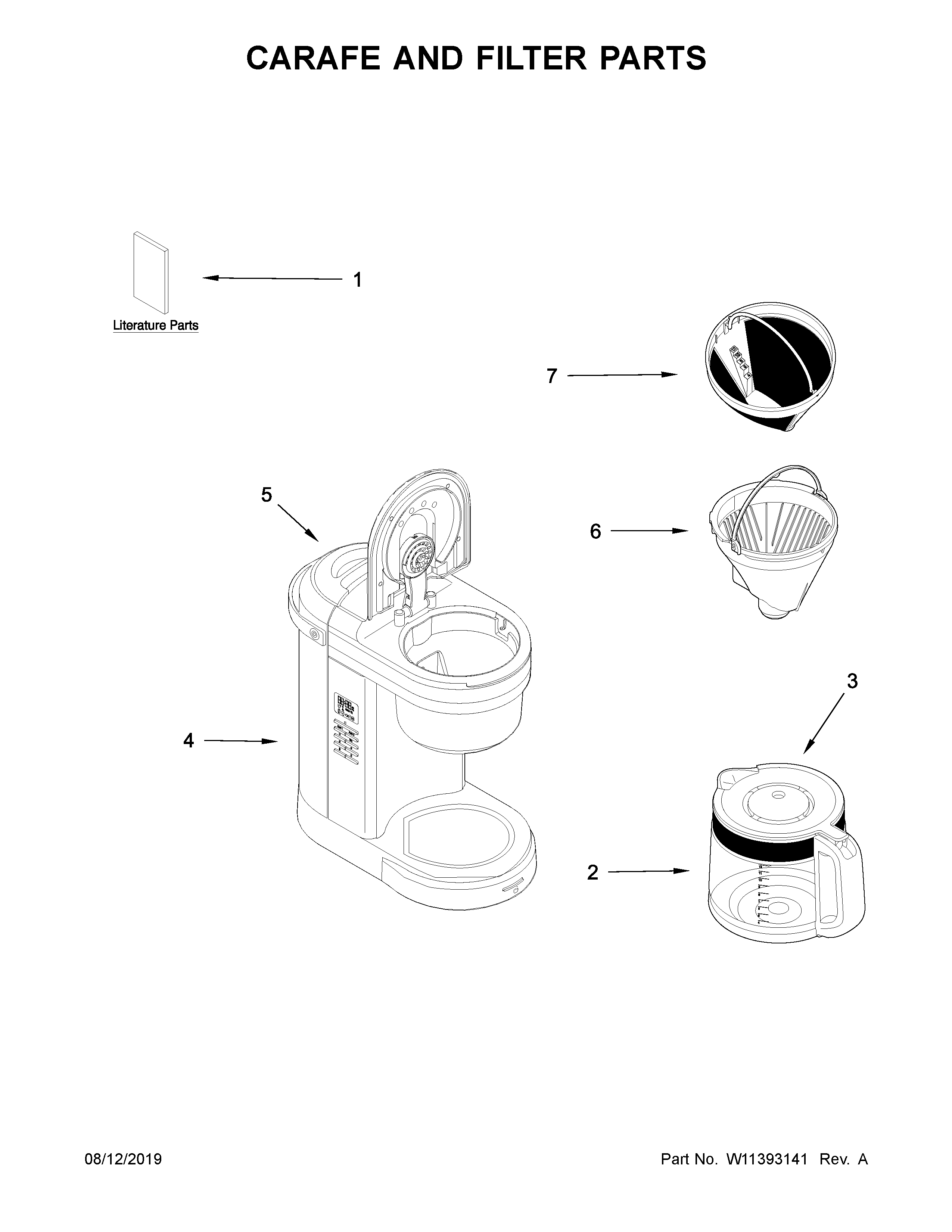 KitchenAid 5KCM1208EWH0 carafe and filter parts diagram