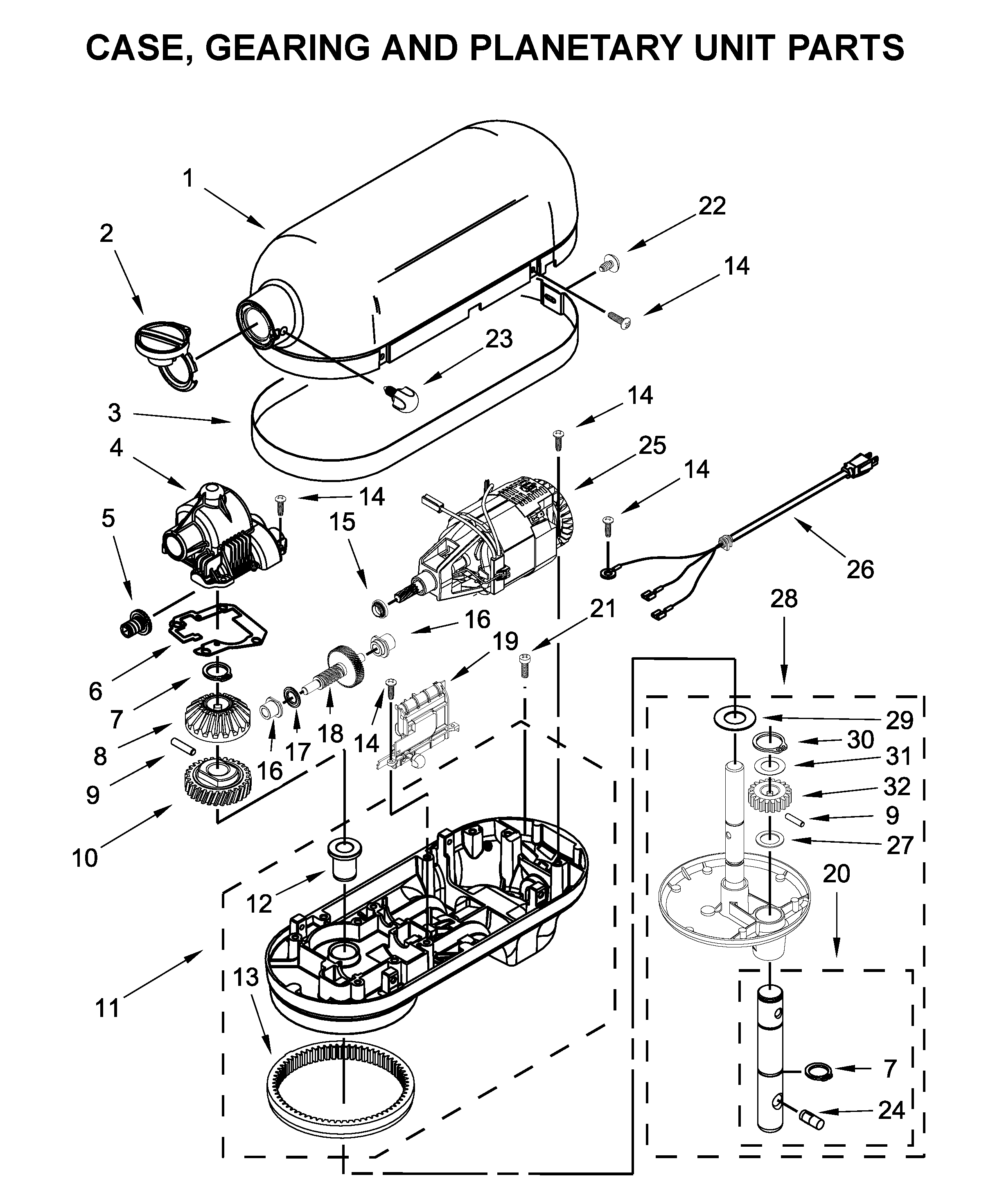 KitchenAid KP26M1XQ2CU5 case, gearing and planetary unit parts diagram