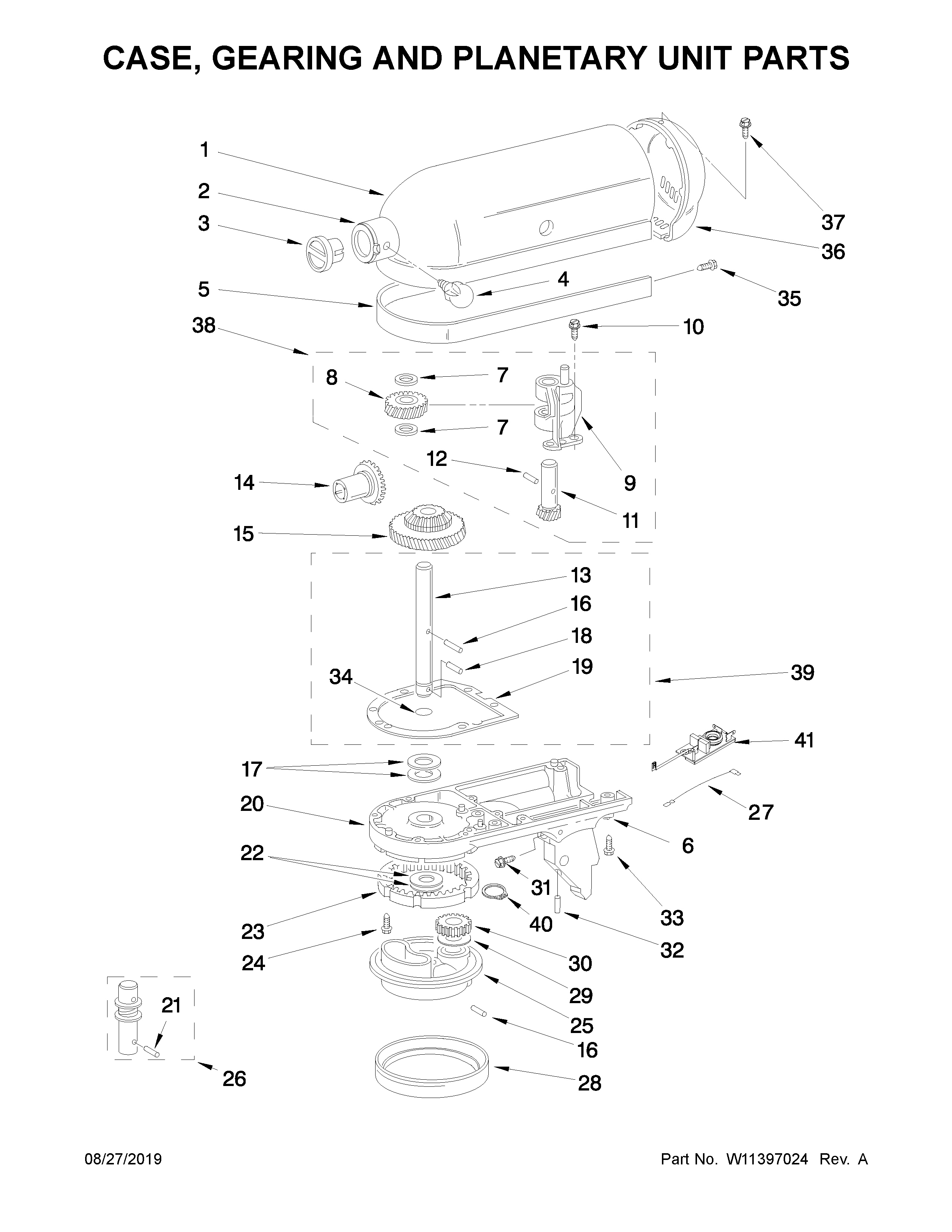 KitchenAid 5K45SSROB0 case, gearing and planetary unit parts diagram