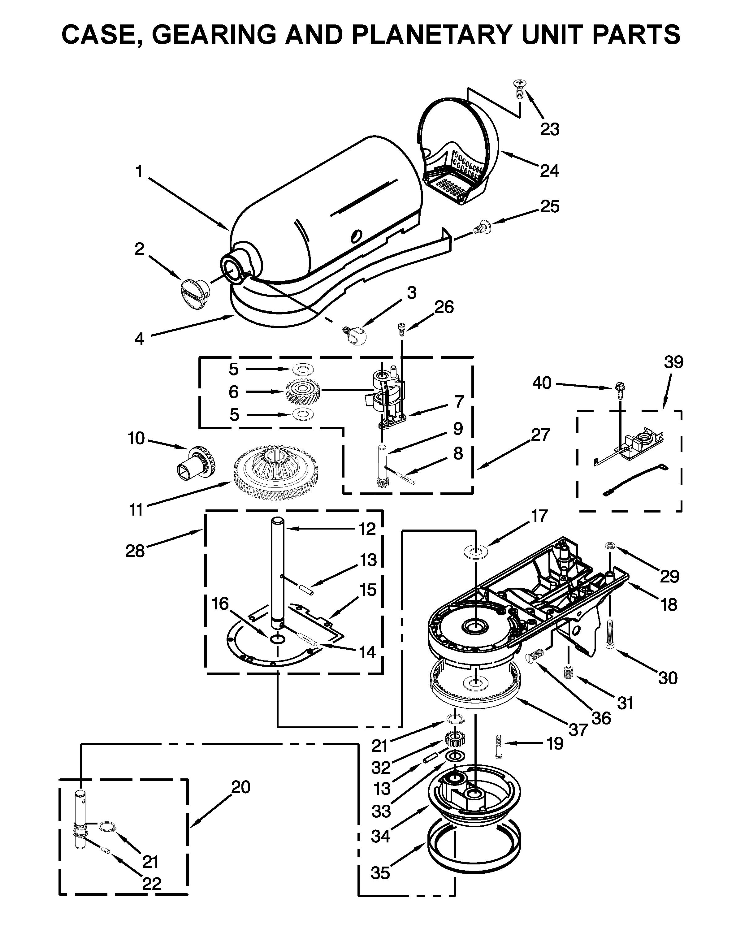 KitchenAid 5KSM125IOB4 case, gearing and planetary unit parts diagram