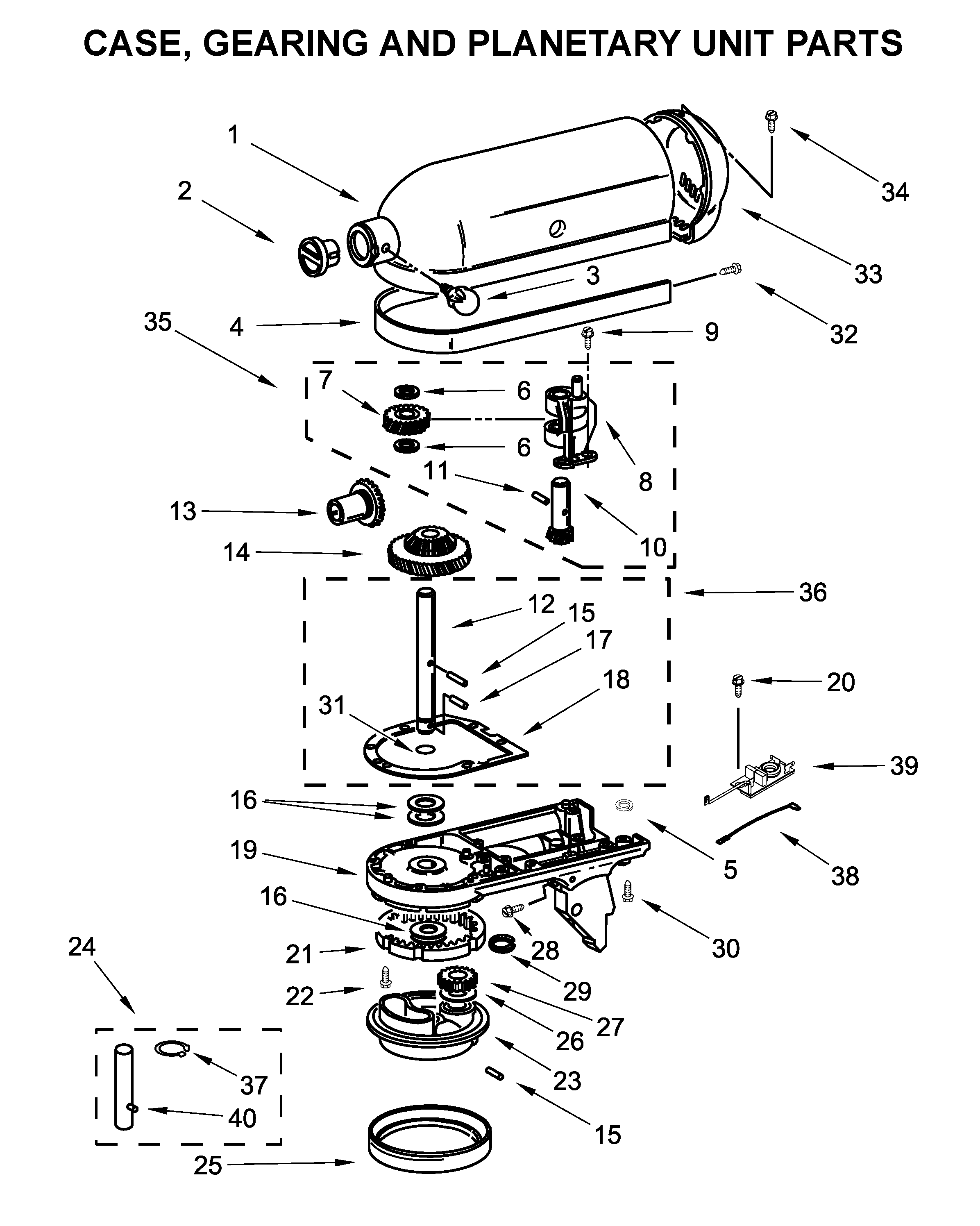 KitchenAid 5KSM156HMBLM4 case, gearing and planetary unit parts diagram