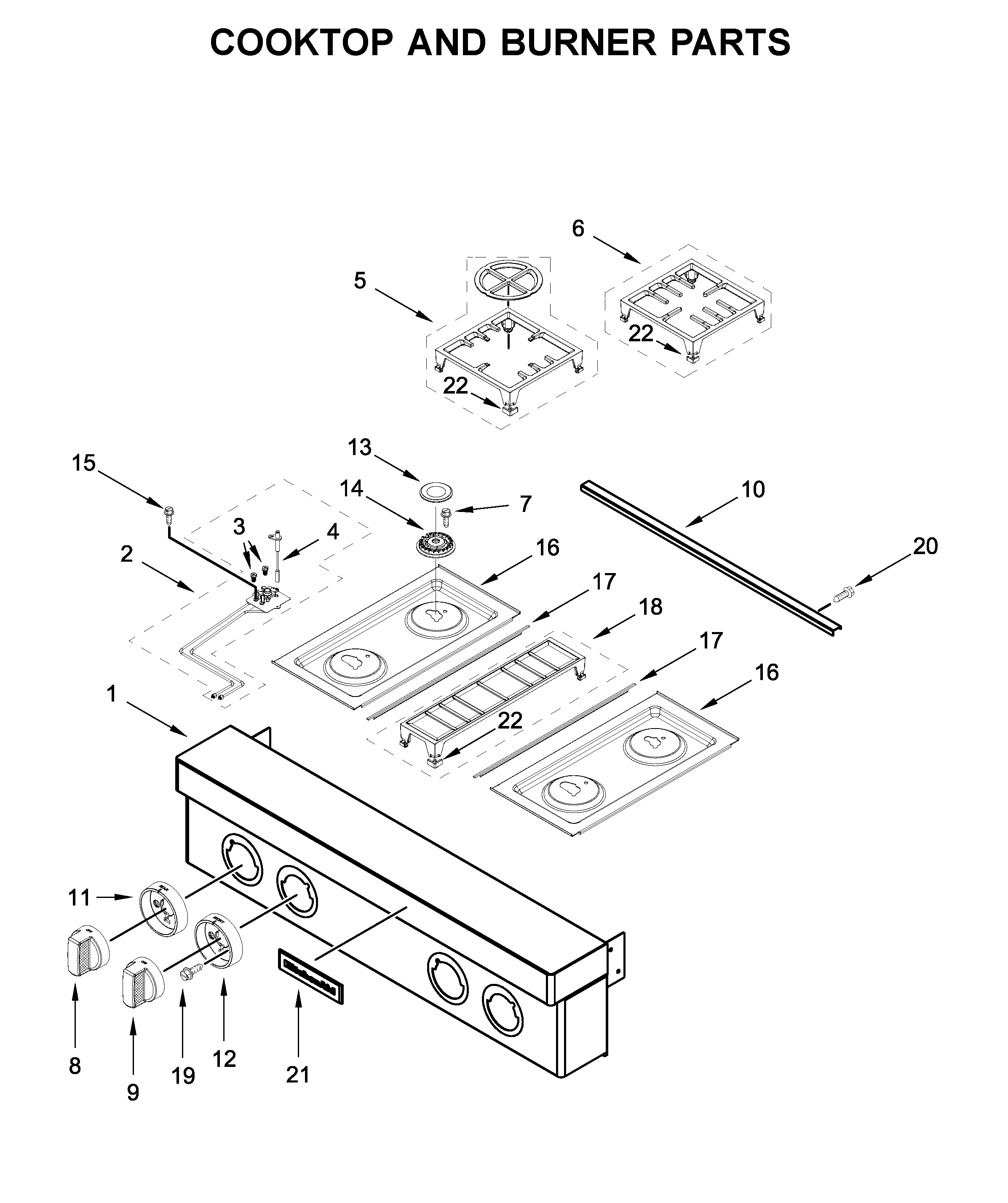 KitchenAid KCGC500JSS00 cooktop and burner parts diagram