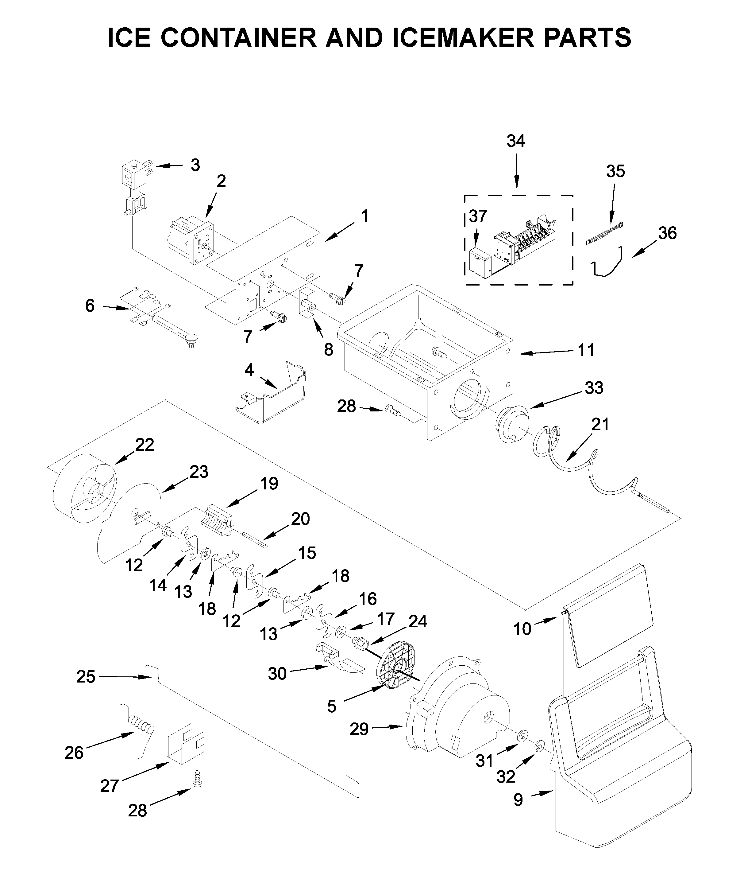 Amana ASI2575GRS00 ice container and icemaker parts diagram