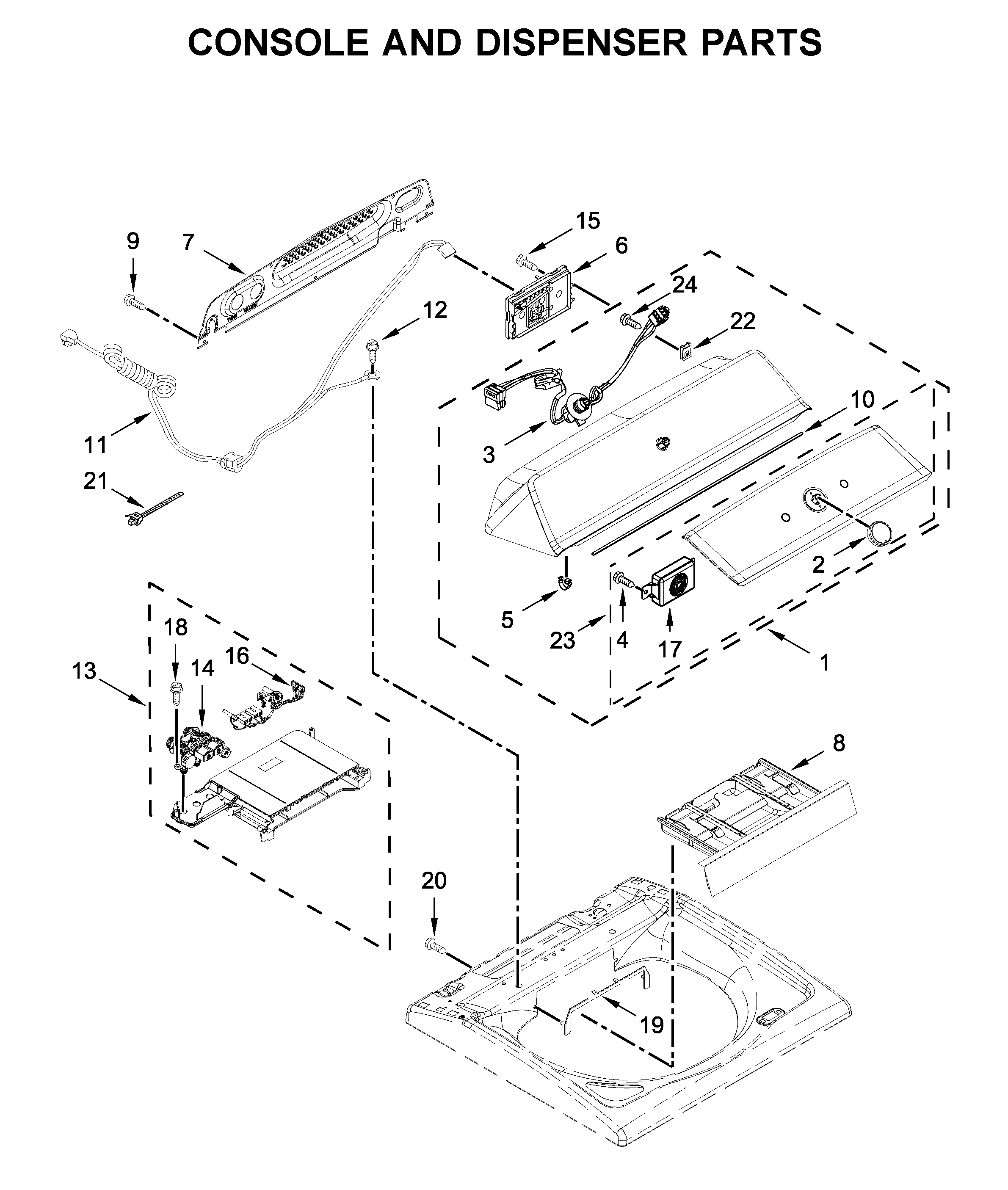Maytag MVWB835DW5 console and dispenser parts diagram