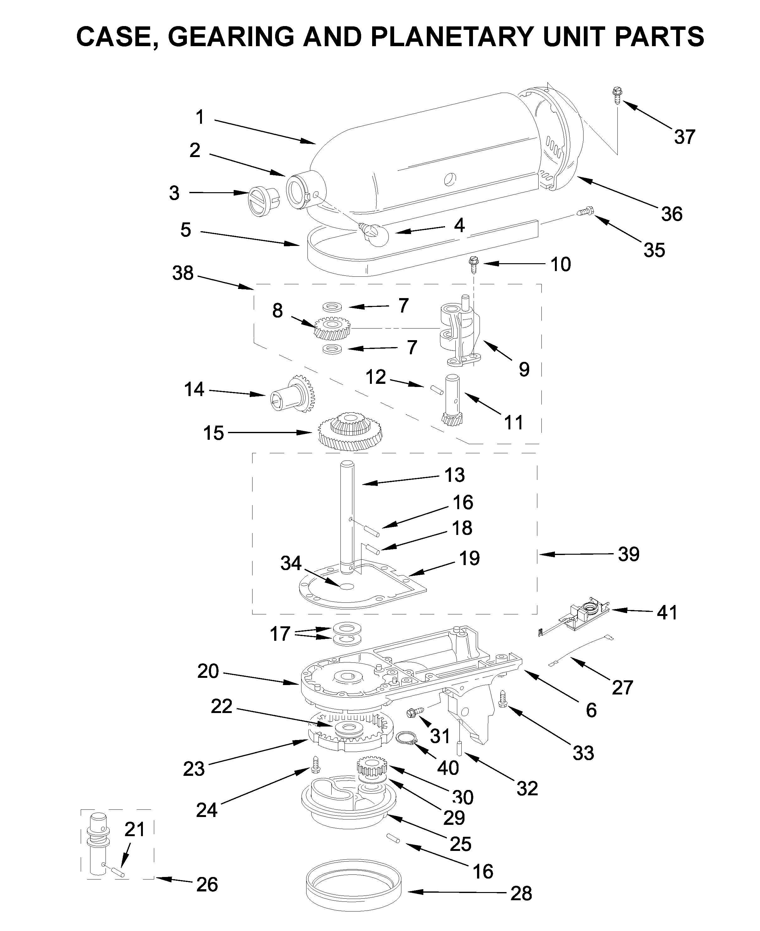 KitchenAid 5K45SSESL4 case, gearing and planetary unit parts diagram