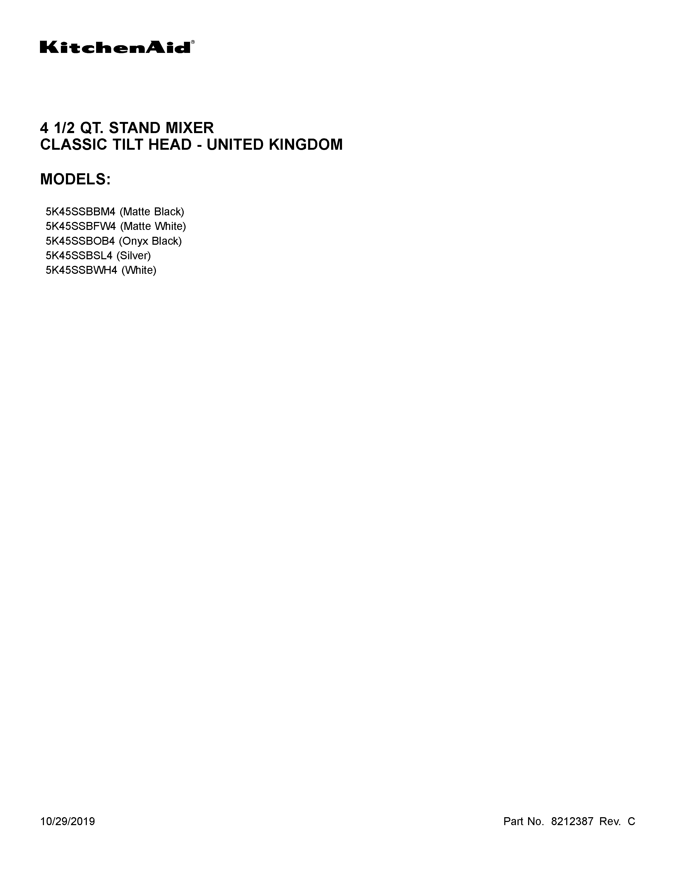 KitchenAid 5K45SSBOB4 cover sheet diagram