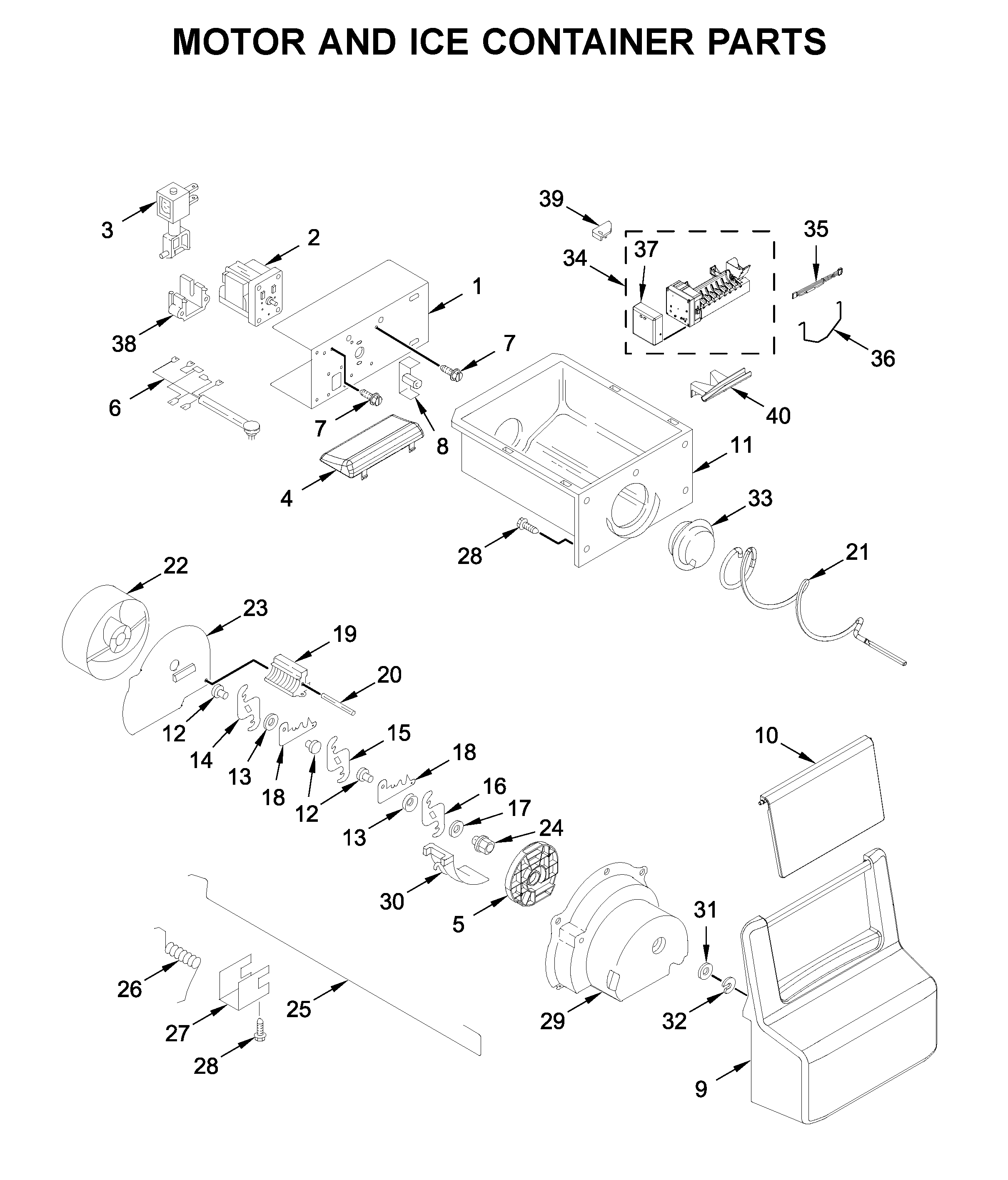 Whirlpool WRS311SDHM01 motor and ice container parts diagram