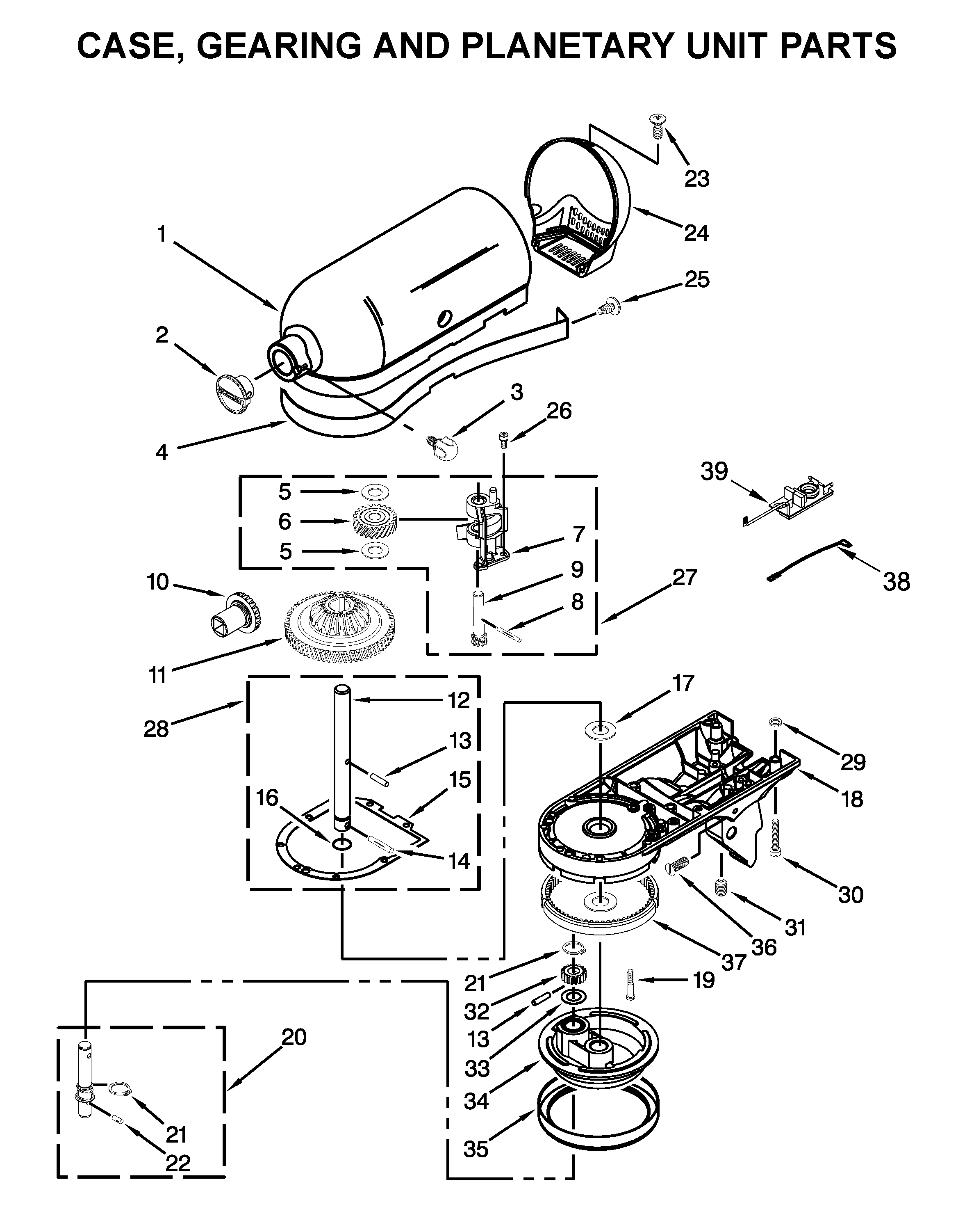 KitchenAid 7K45SSZWH0 case, gearing and planetary unit parts diagram