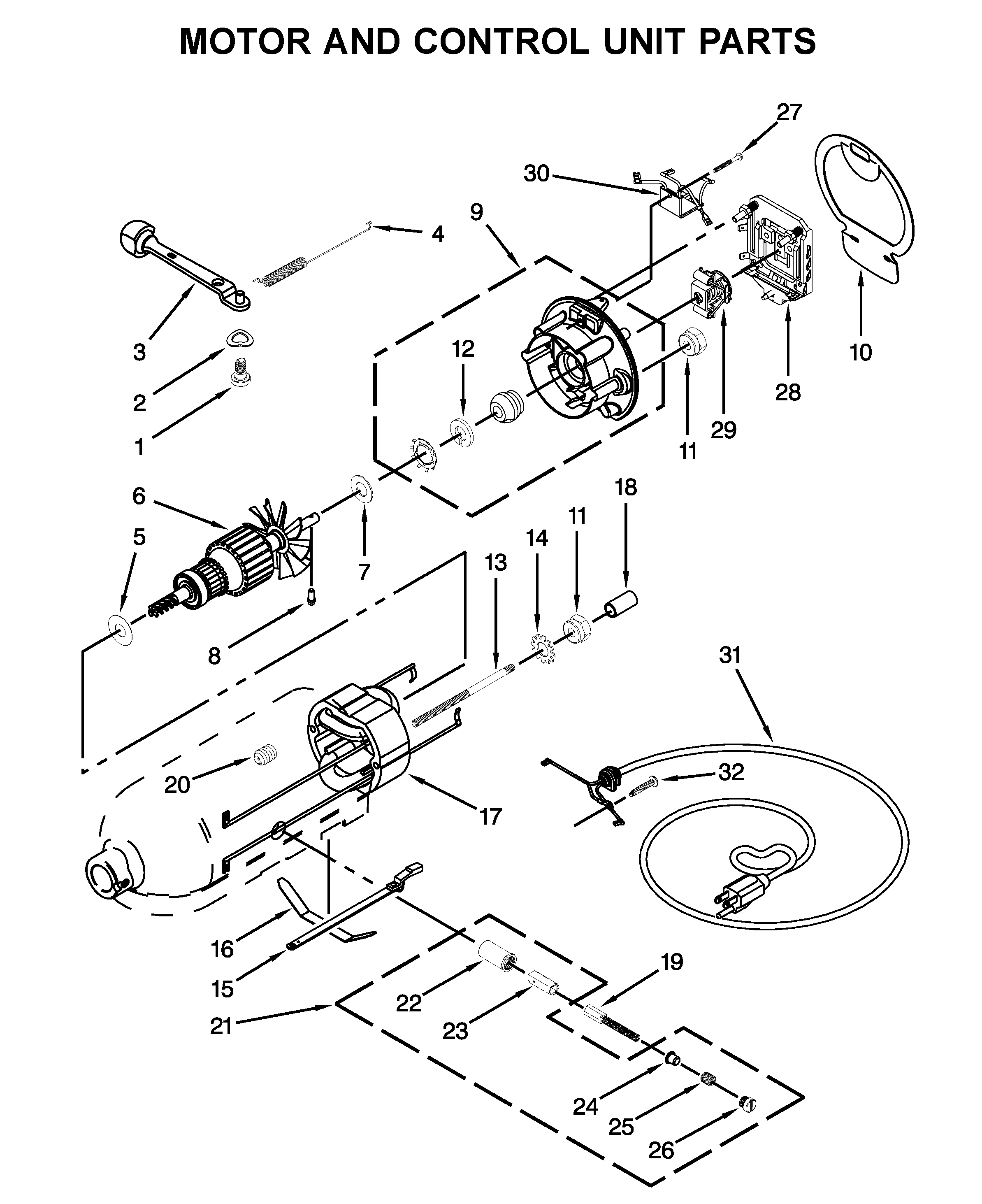 KitchenAid 5K45SSZWH0 motor and control unit parts diagram