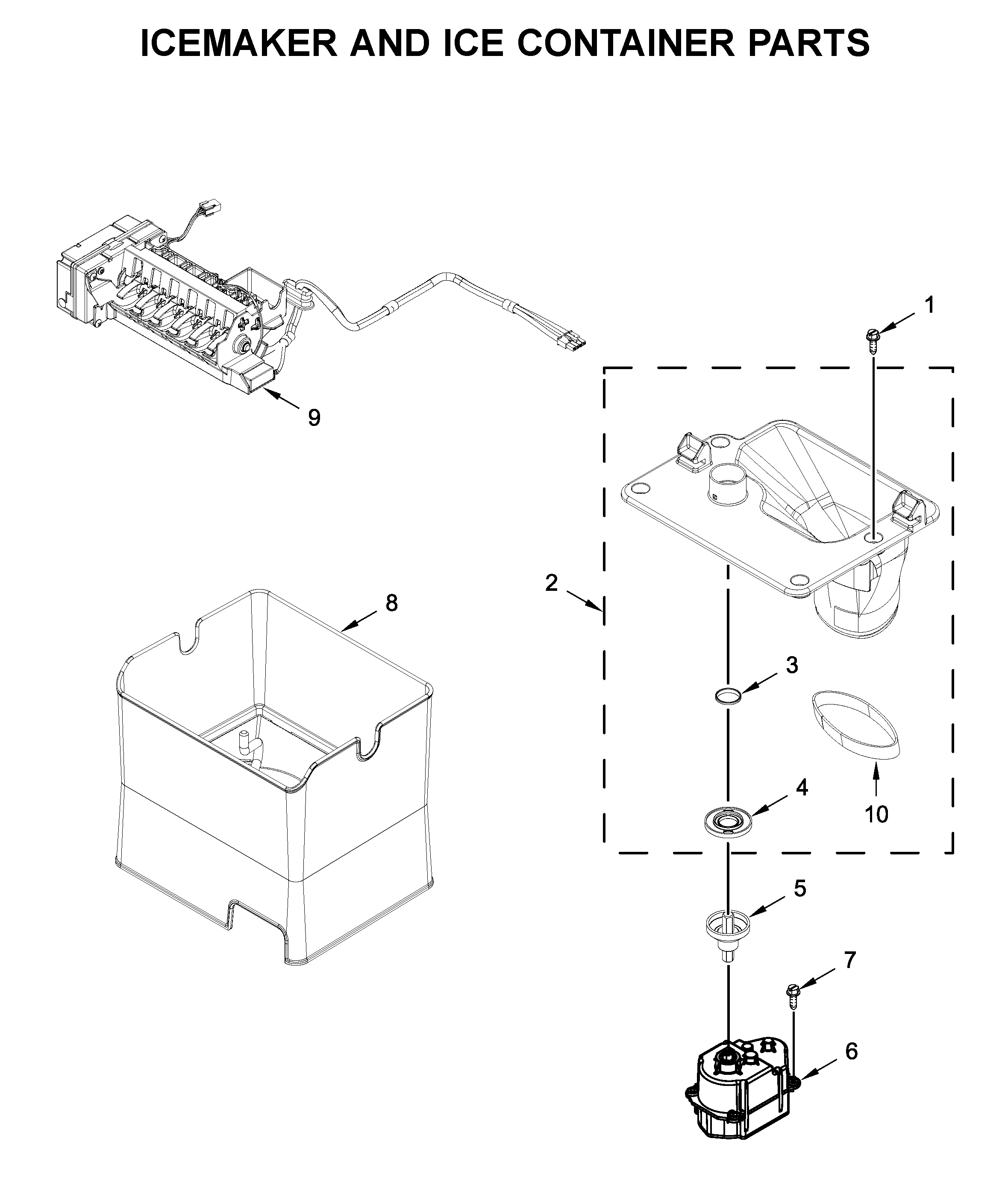 KitchenAid KRMF706EBS01 icemaker and ice container parts diagram