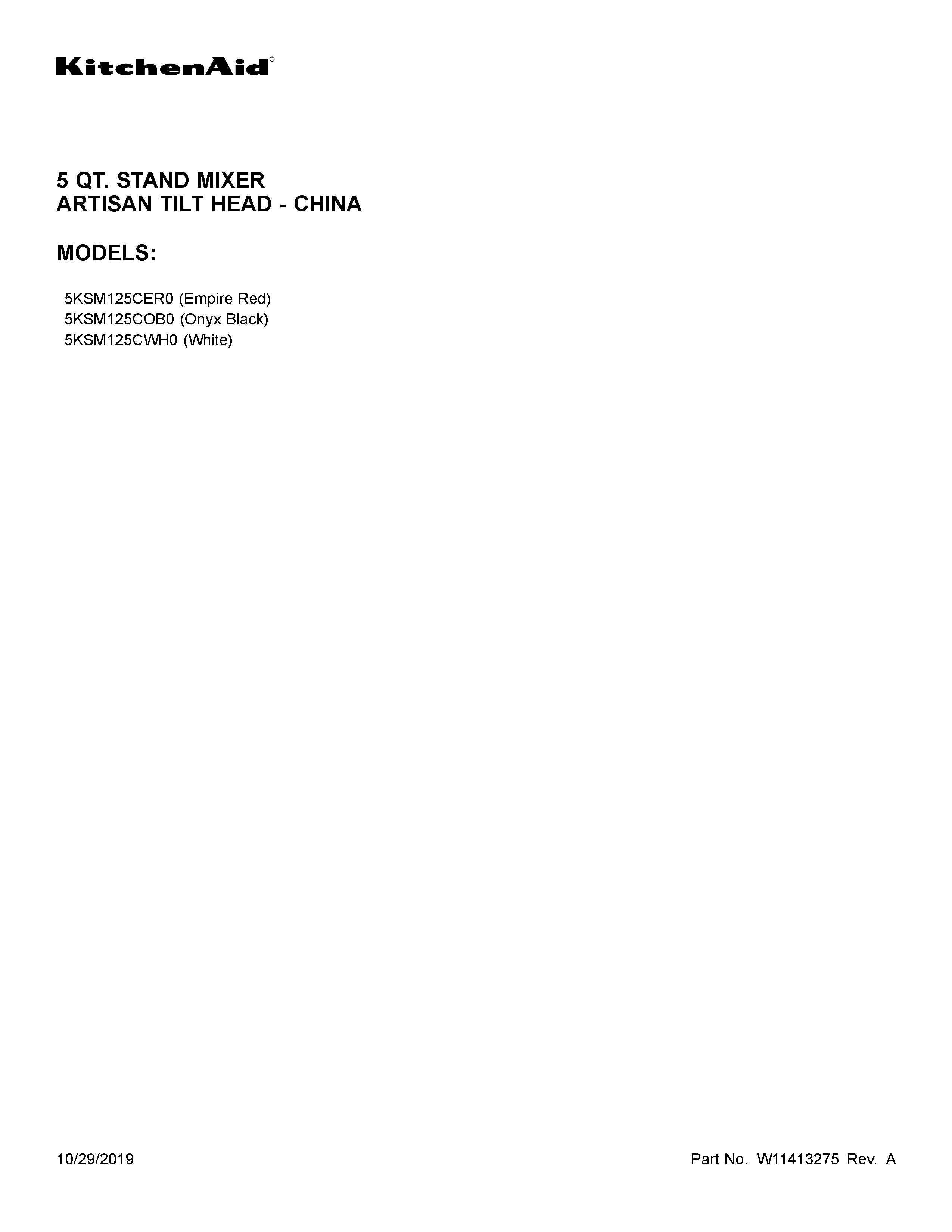 KitchenAid 5KSM125CER0 cover sheet diagram