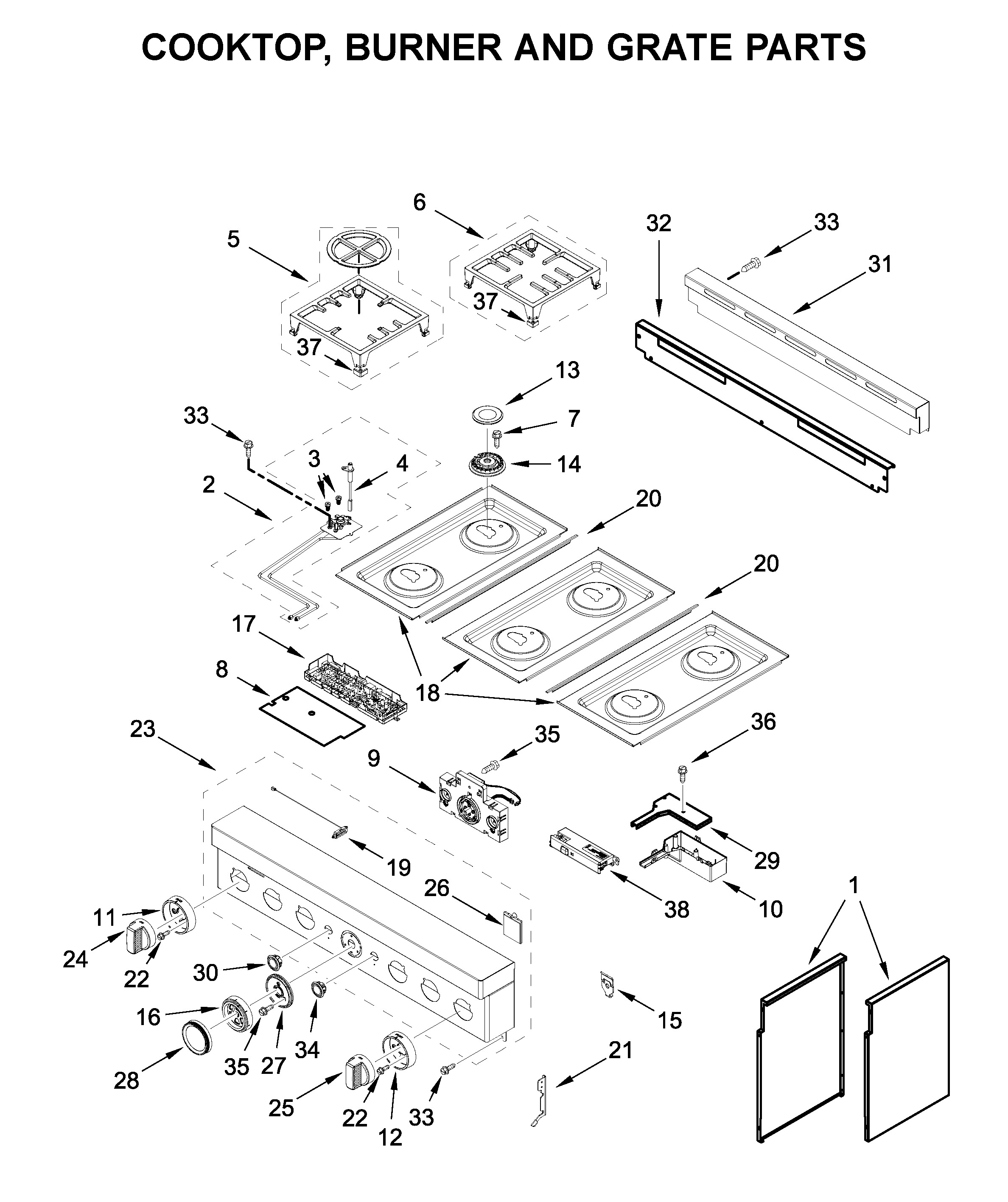 KitchenAid KFGC506JYP00 cooktop, burner and grate parts diagram