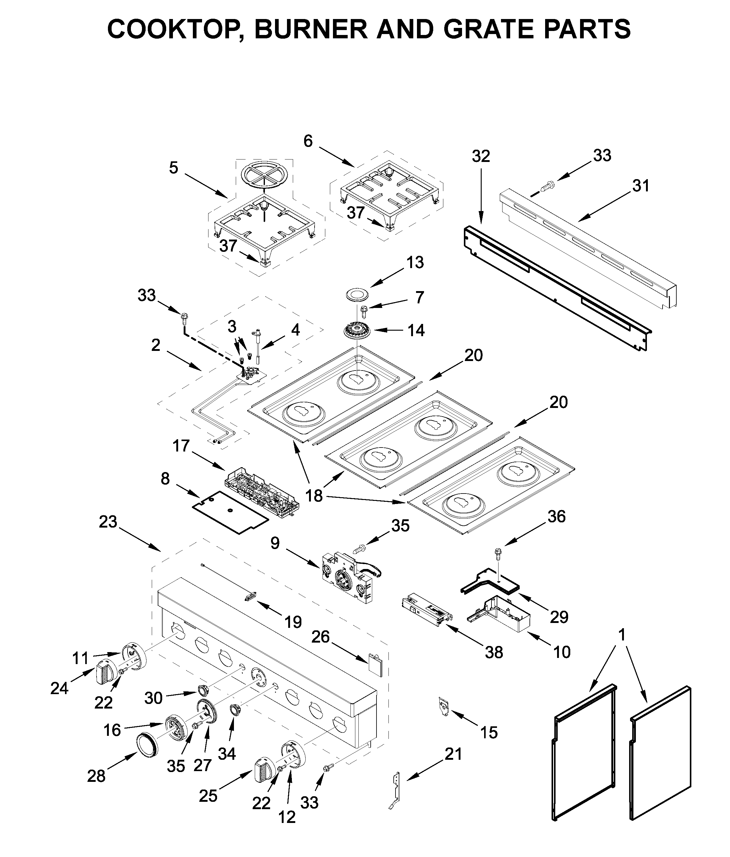 KitchenAid KFGC506JBK00 cooktop, burner and grate parts diagram