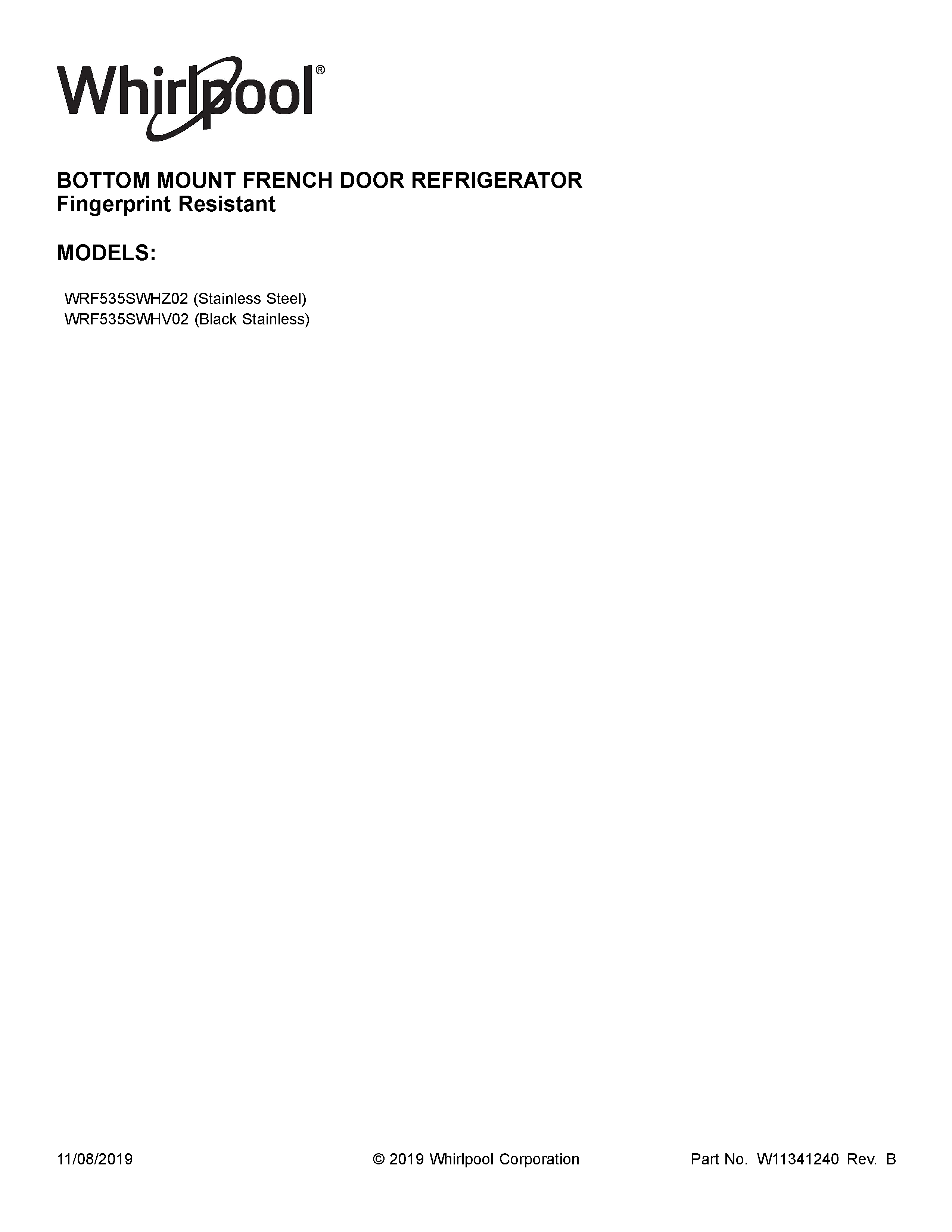 Whirlpool WRF535SWHZ02 cover sheet diagram