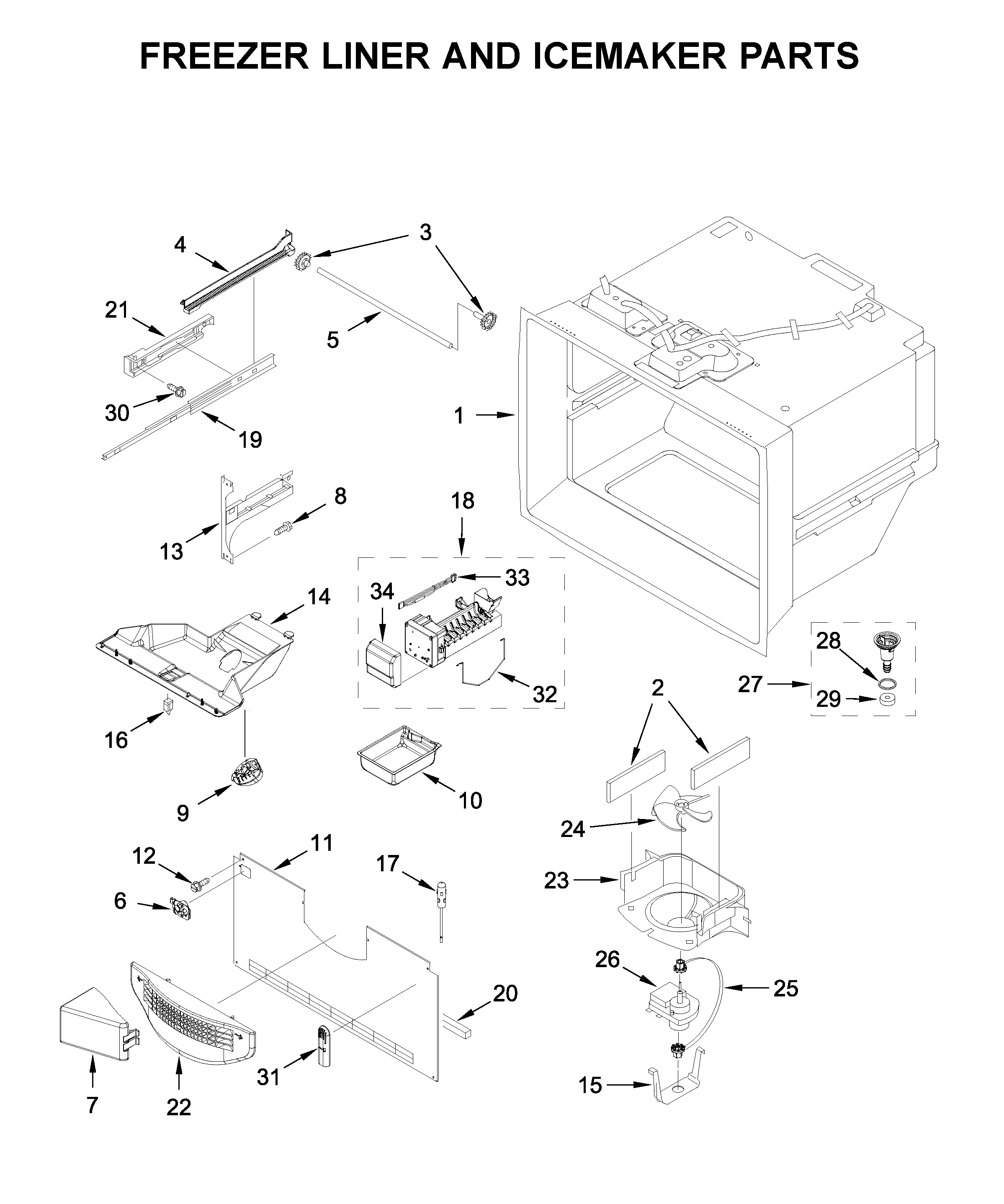 Whirlpool WRFA35SWHN02 freezer liner and icemaker parts diagram