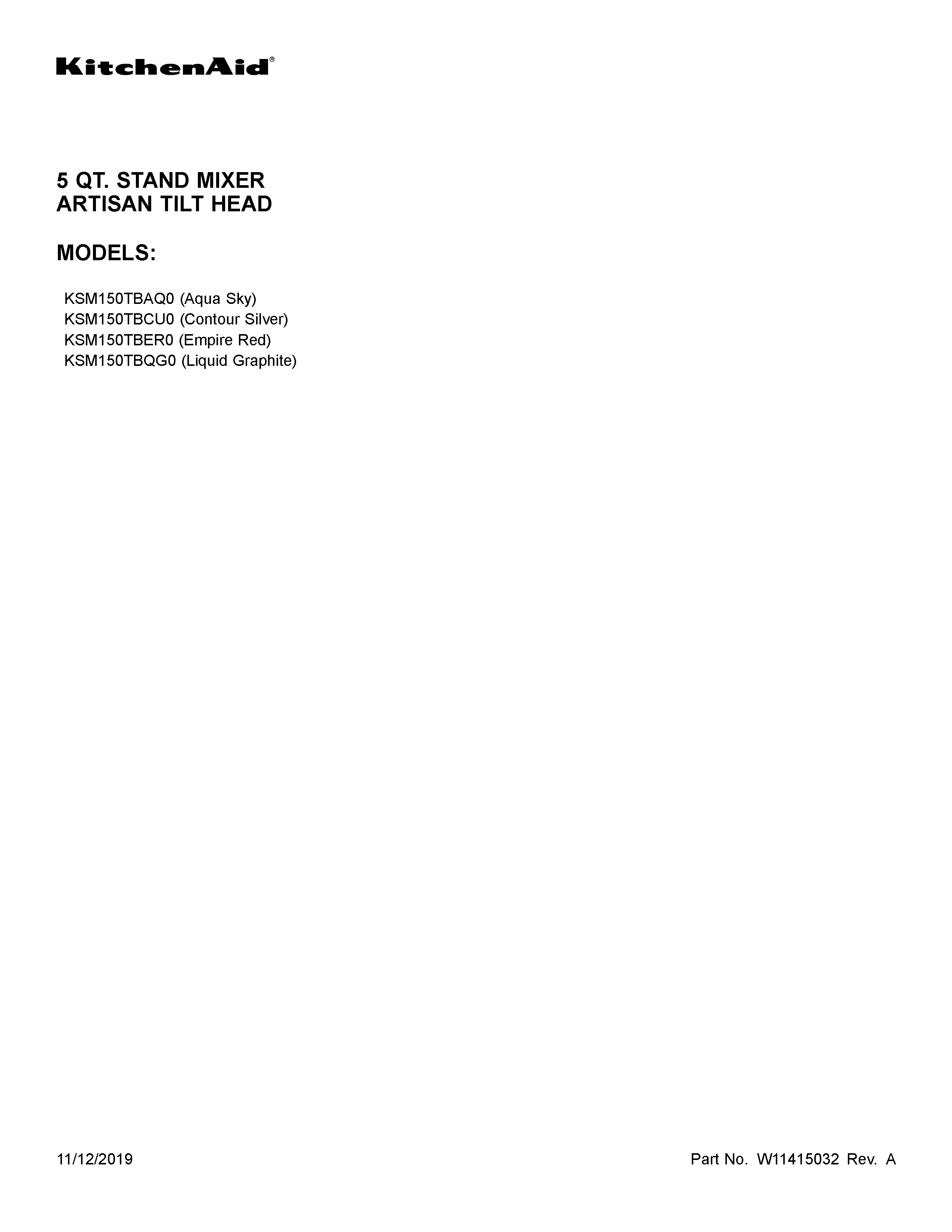 KitchenAid KSM150TBCU0 cover sheet diagram