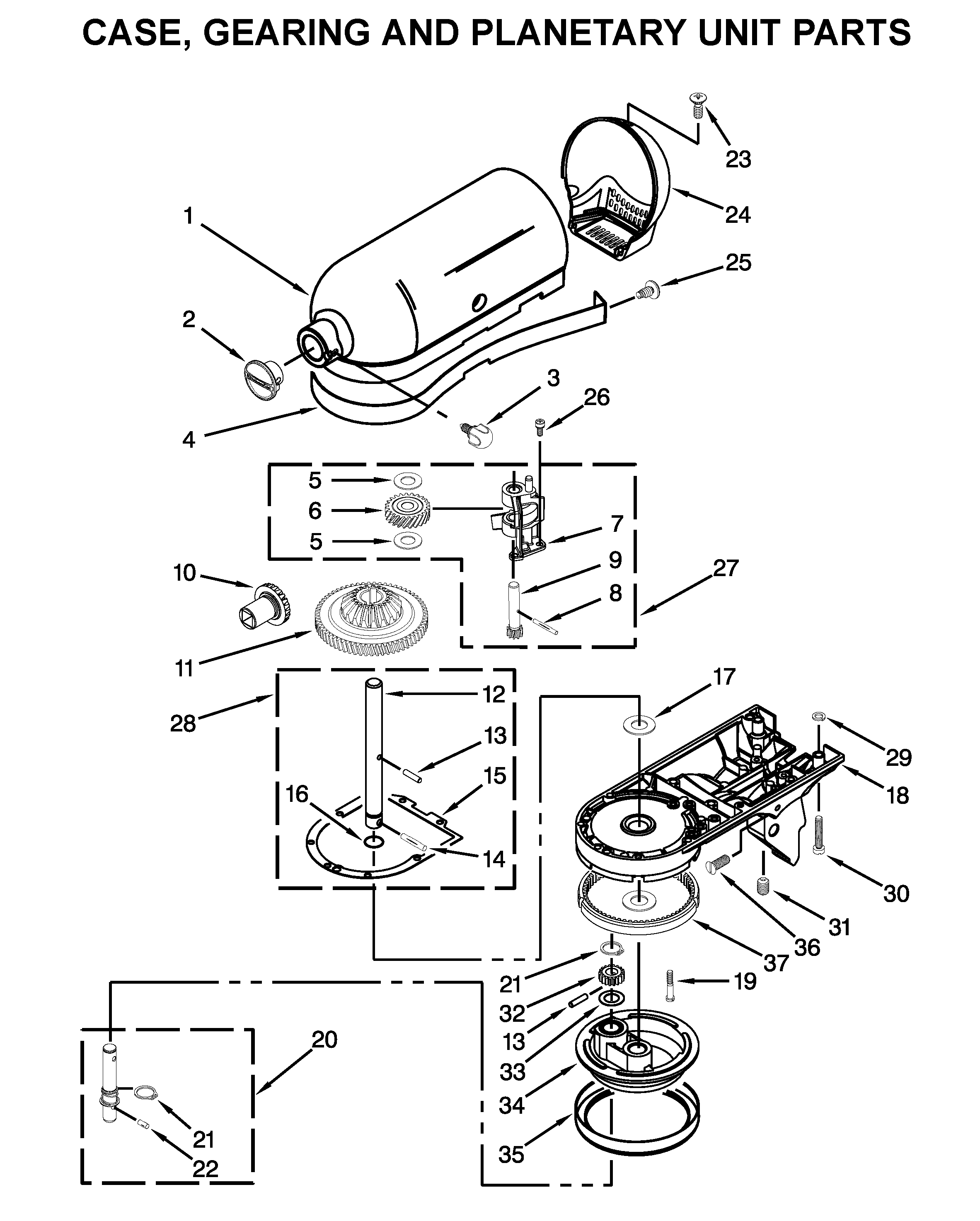 KitchenAid KSM150TBCU0 case, gearing and planetary unit parts diagram