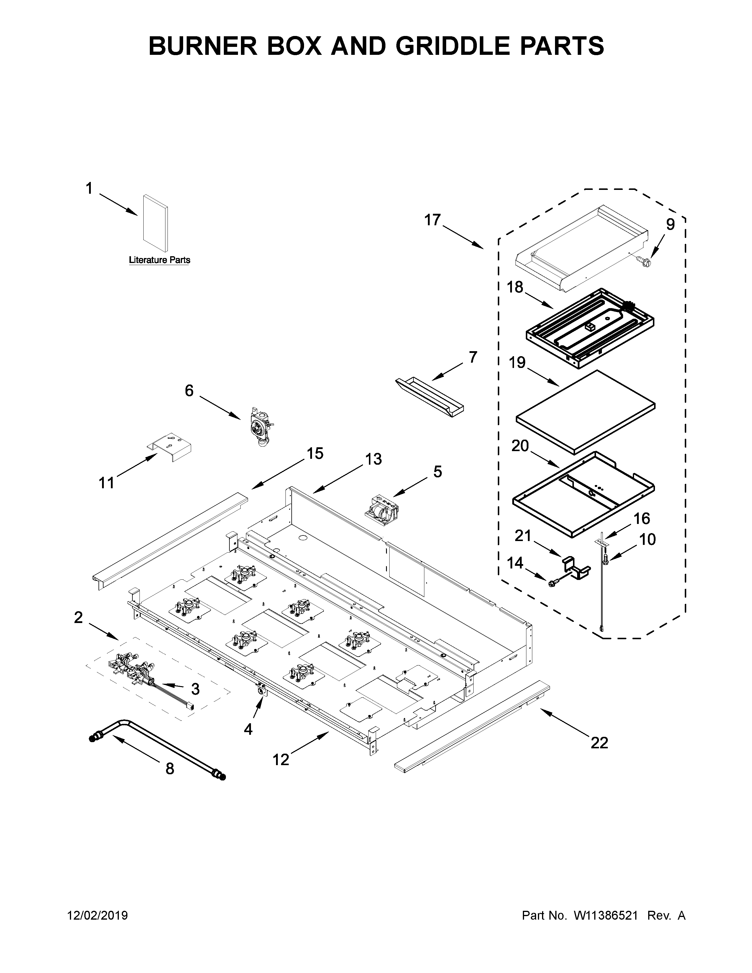 KitchenAid KCGC558JSS00 burner box and griddle parts diagram