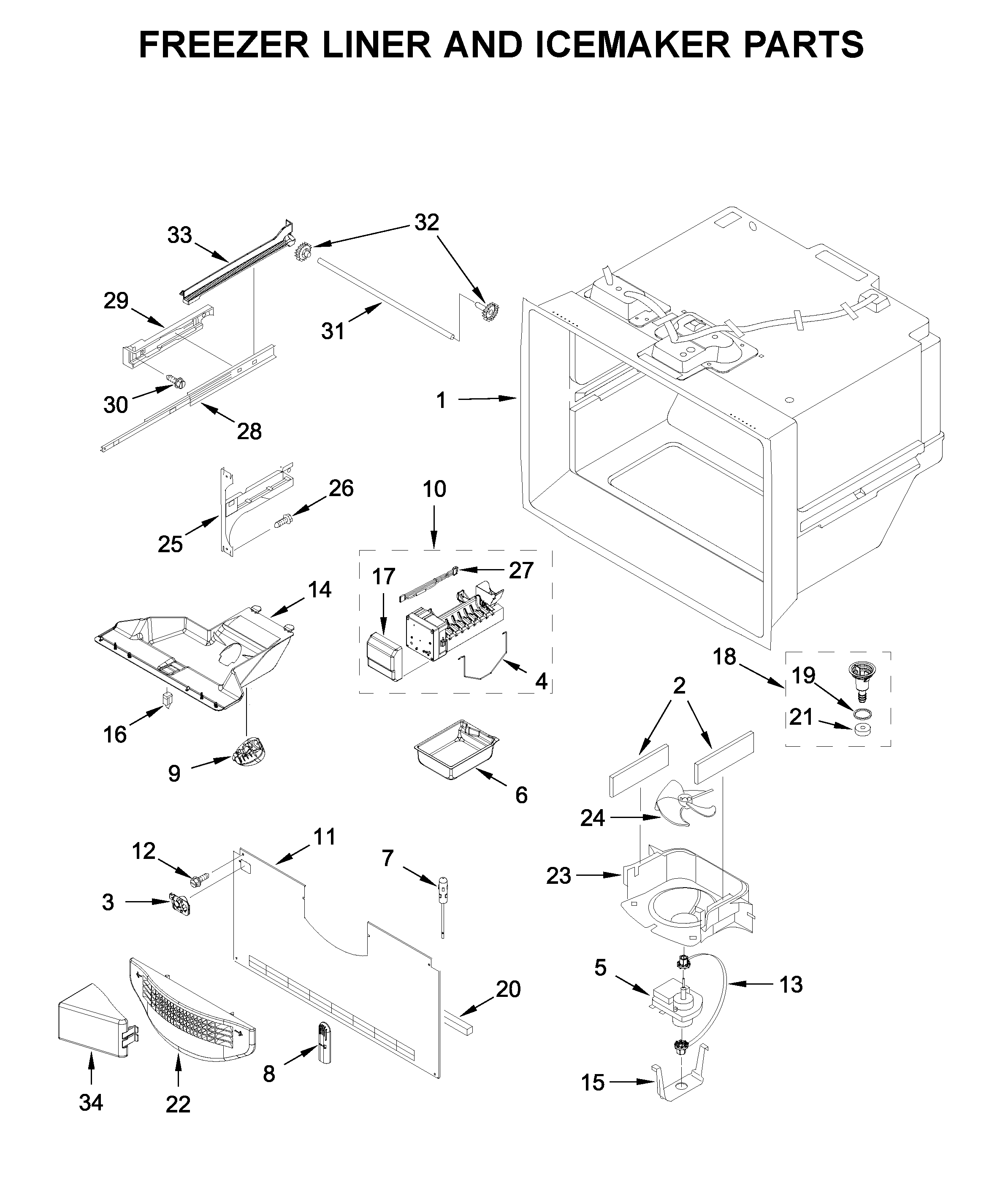 Whirlpool WRF535SMHW02 freezer liner and icemaker parts diagram