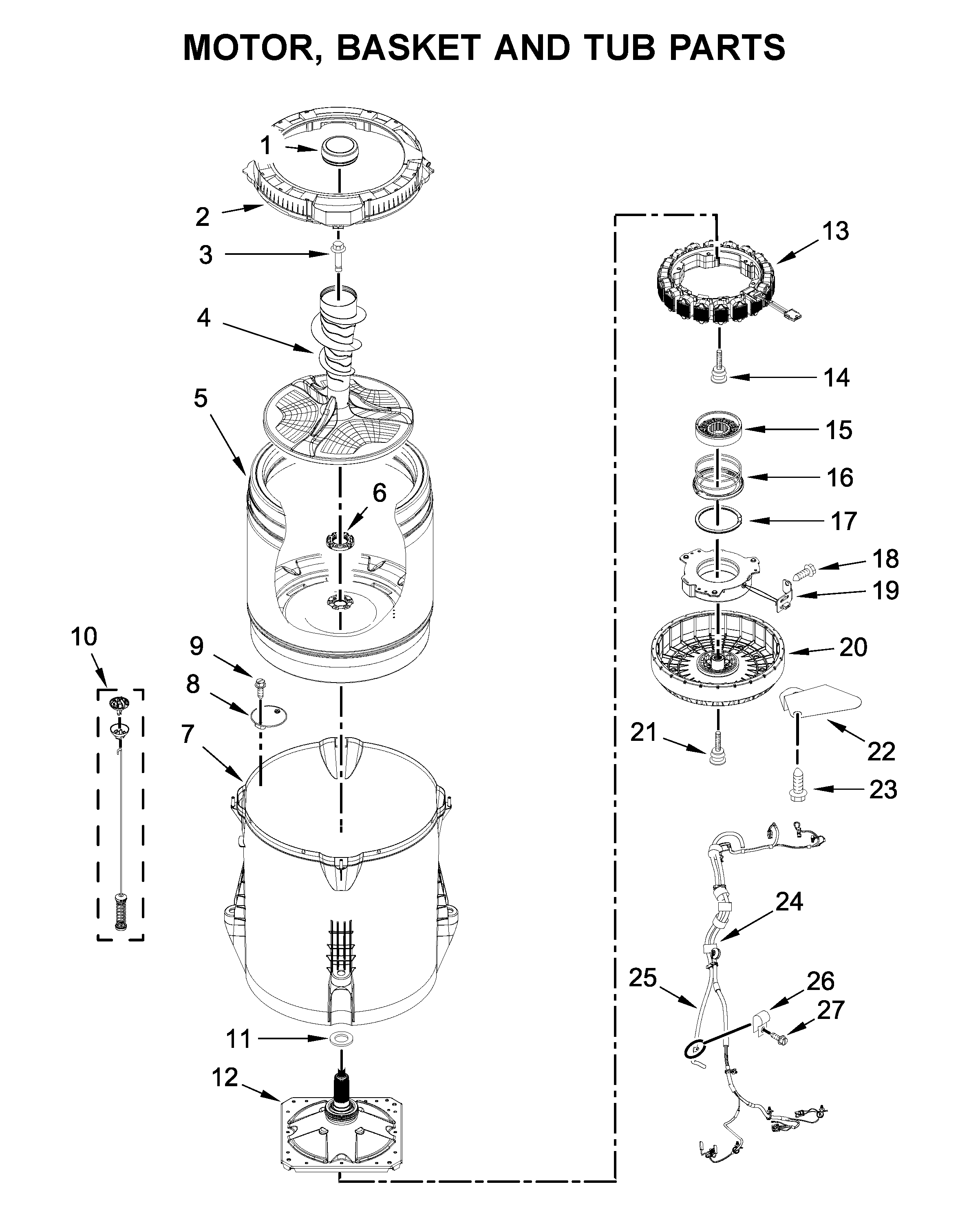 Maytag MVWB765FC4 motor, basket and tub parts diagram