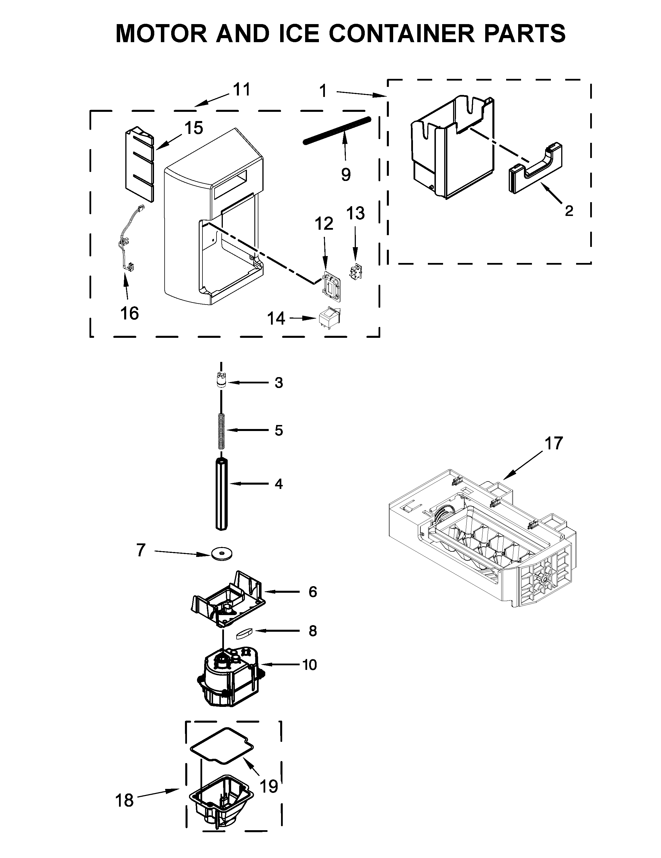 KitchenAid KRSC703HBS00 motor and ice container parts diagram