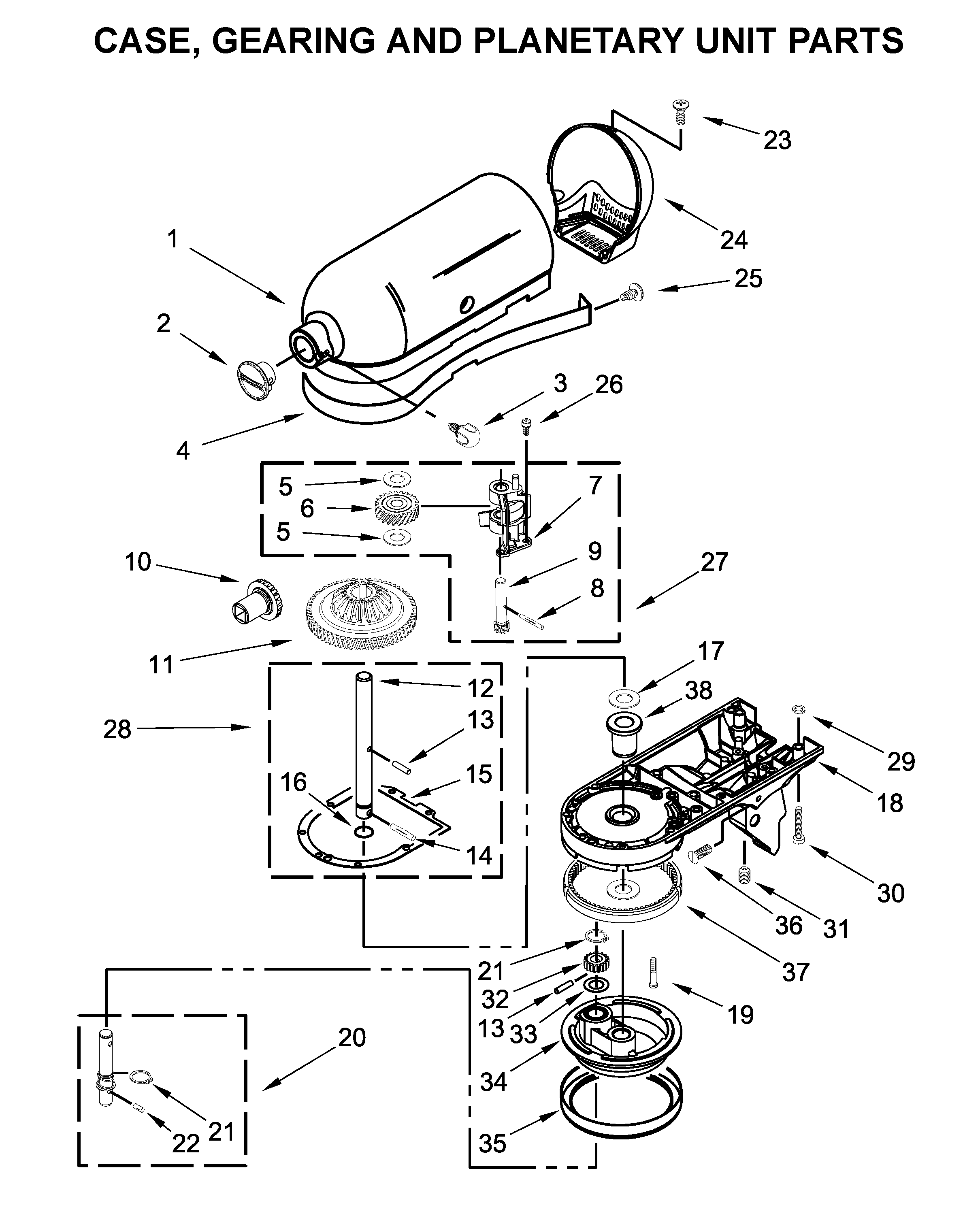 KitchenAid KSM150WPCU0 case, gearing and planetary unit parts diagram