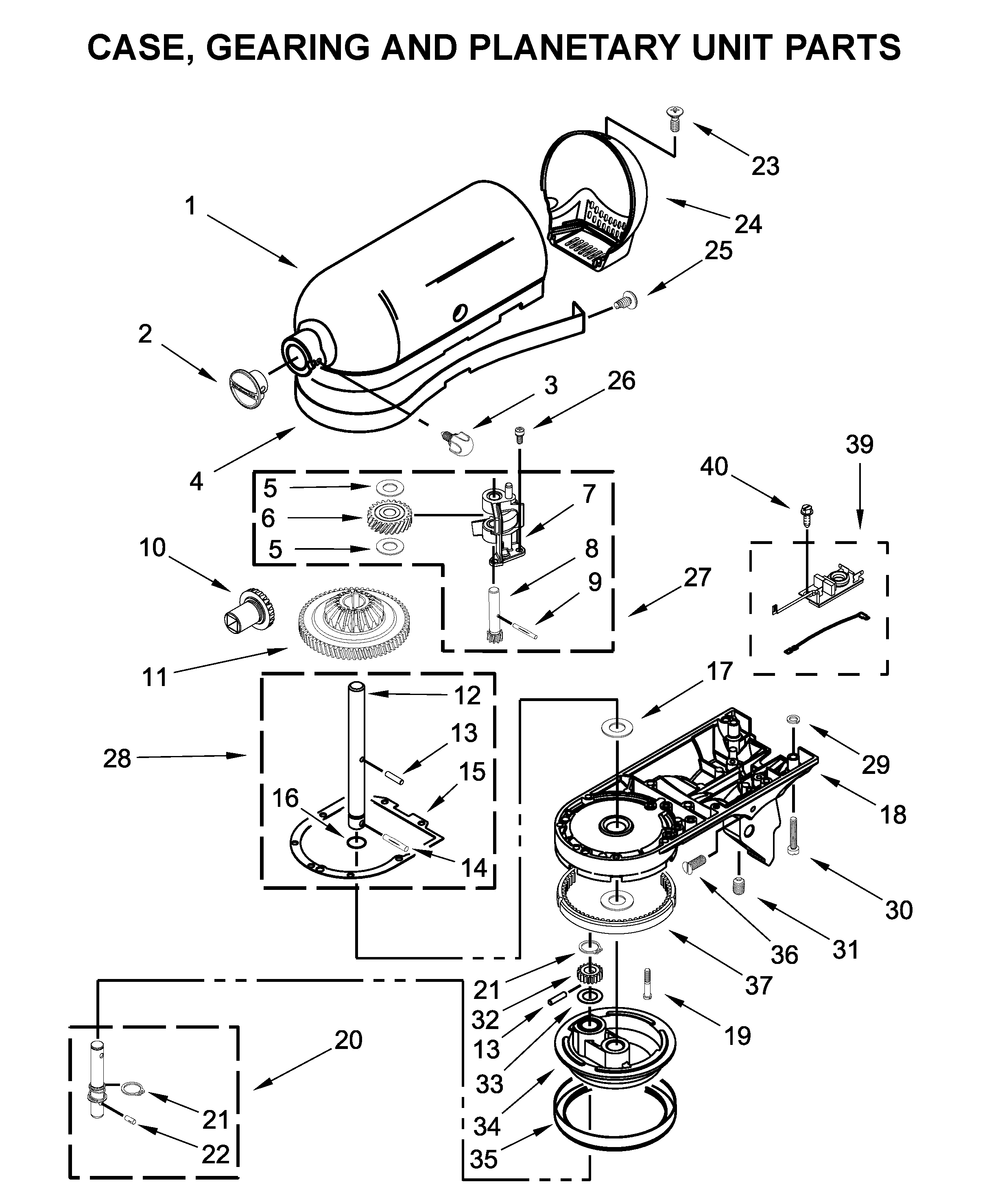 KitchenAid 5KSM150PSBGU4 case, gearing and planetary unit parts diagram