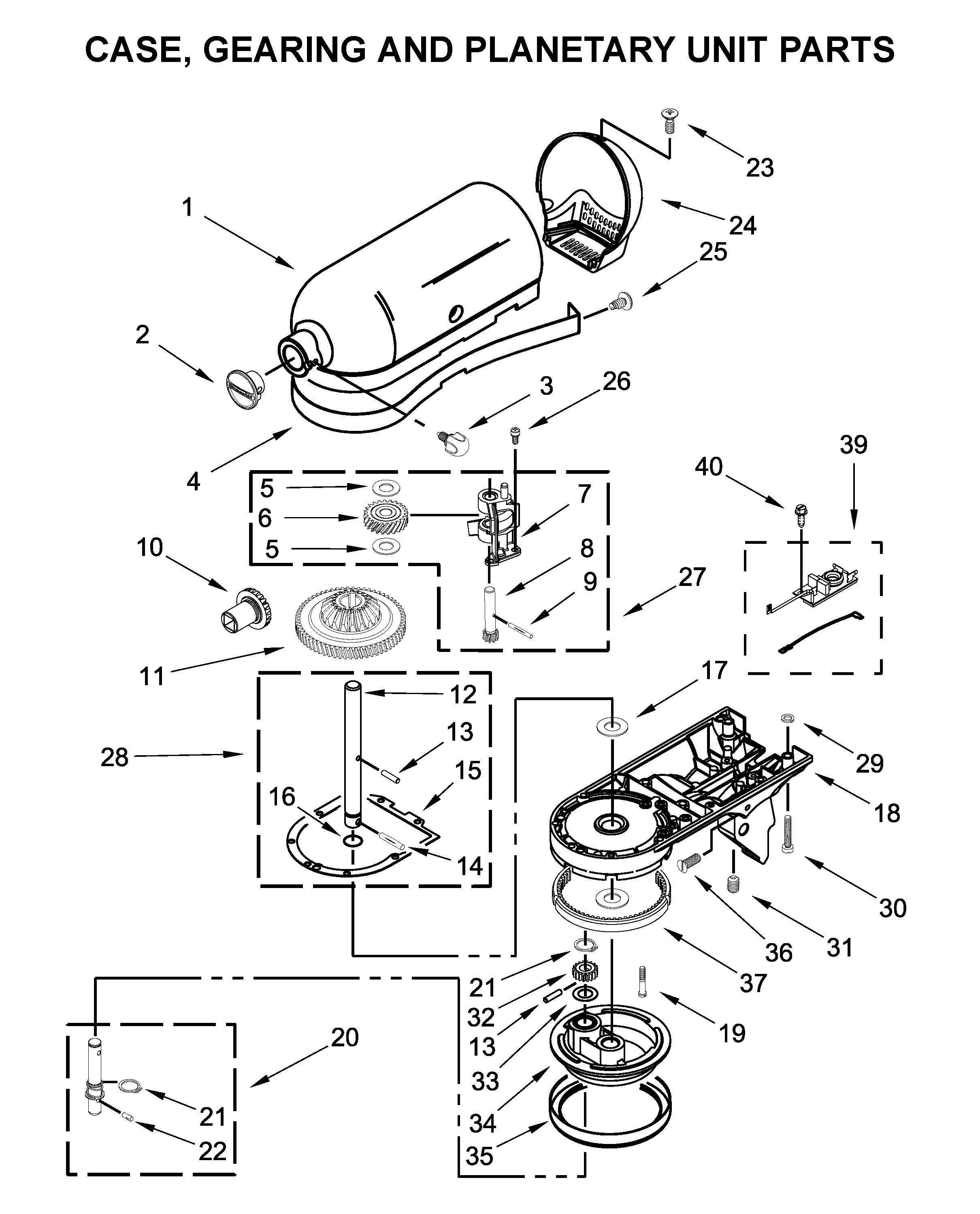 KitchenAid 5KSM150PSBTB4 case, gearing and planetary unit parts diagram