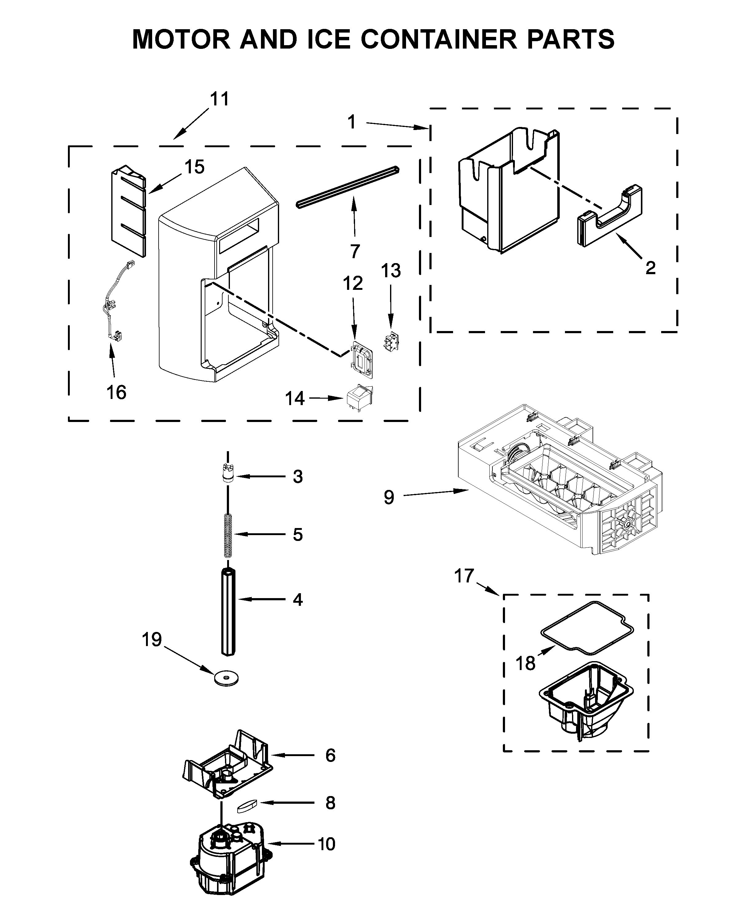 Whirlpool WRS973CIHZ00 motor and ice container parts diagram