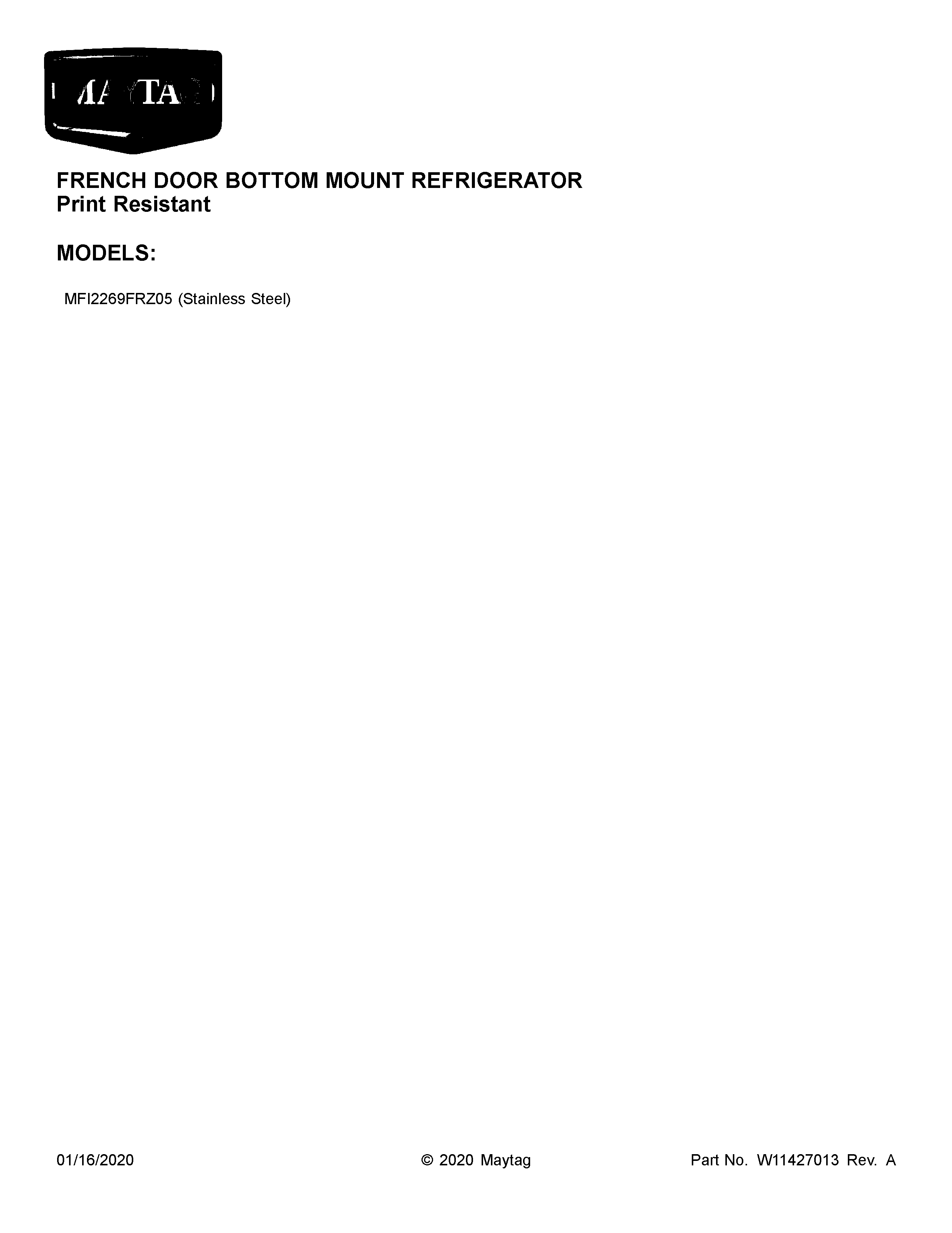 Maytag MFI2269FRZ05 cover sheet diagram