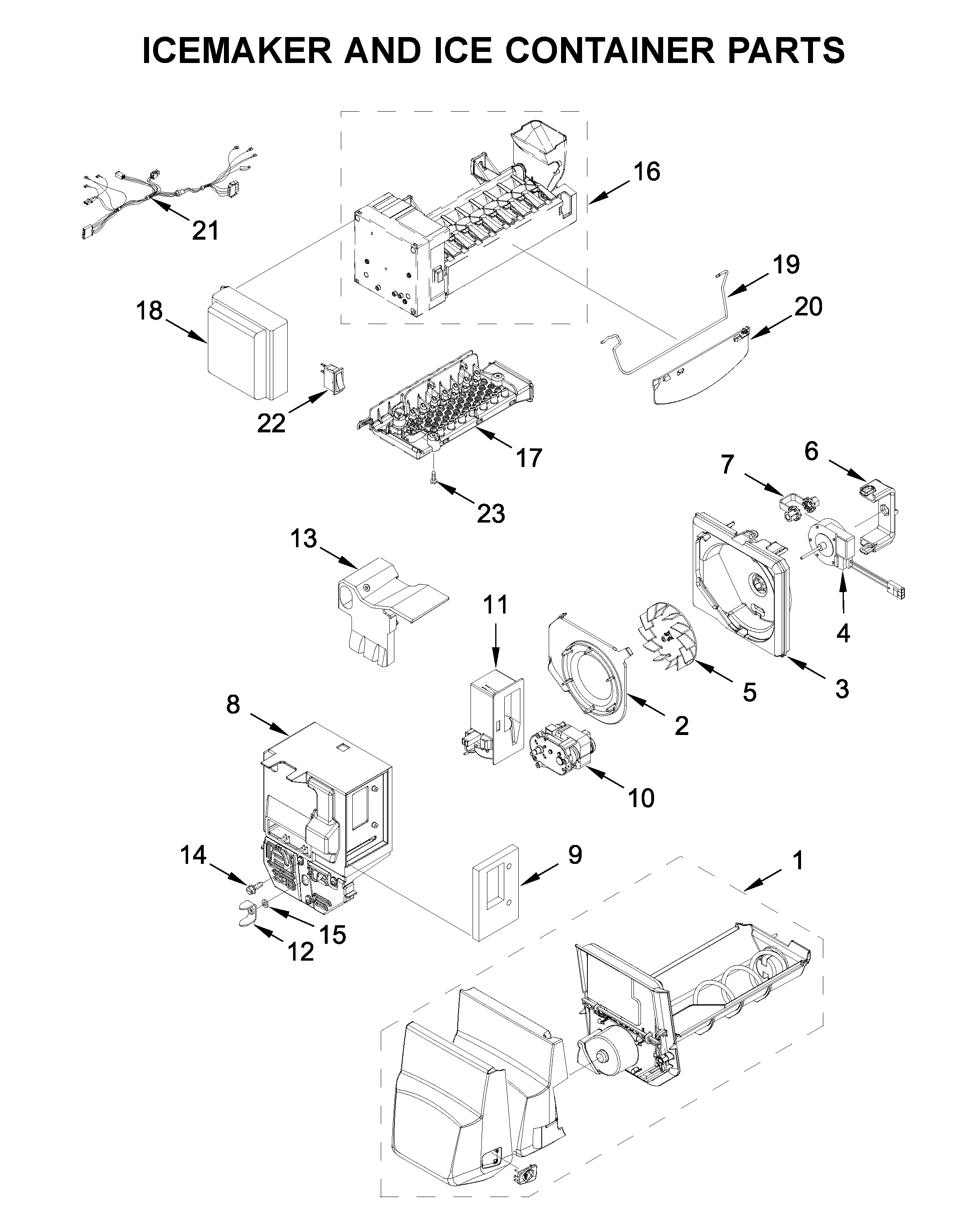 Maytag MFI2269FRZ05 icemaker and ice container parts diagram
