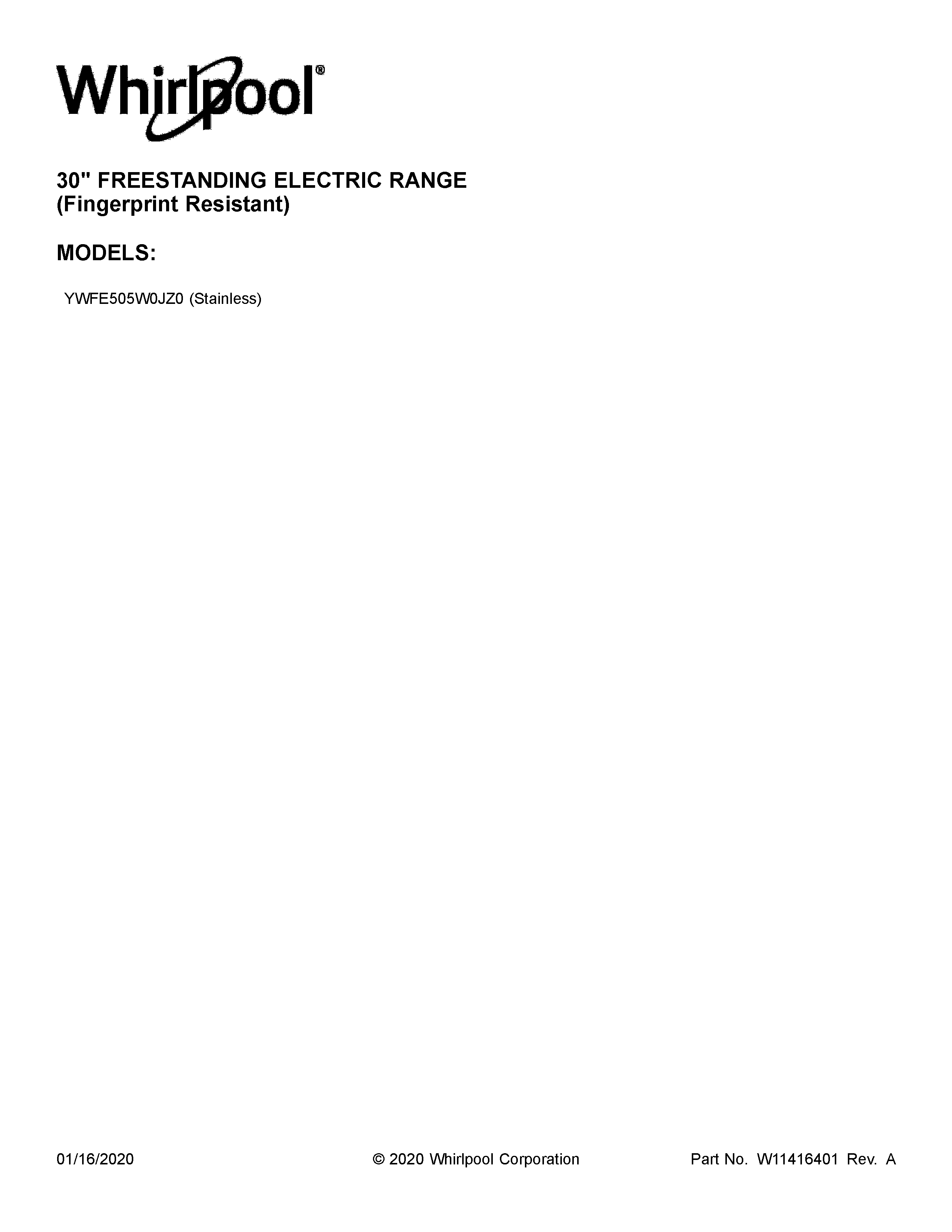 Whirlpool YWFE505W0JZ0 cover sheet diagram