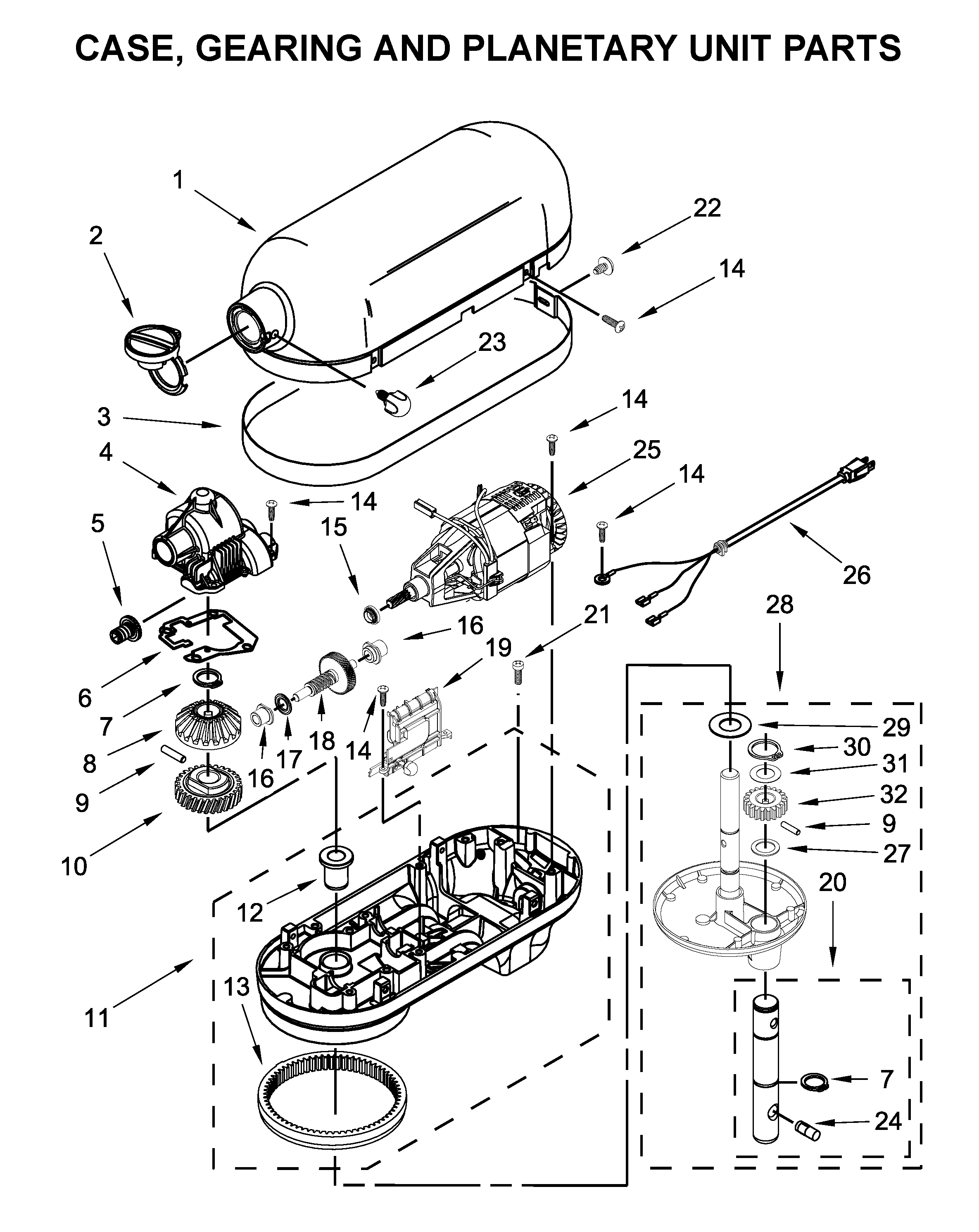 KitchenAid KP26M1XQ3VB5 case, gearing and planetary unit parts diagram