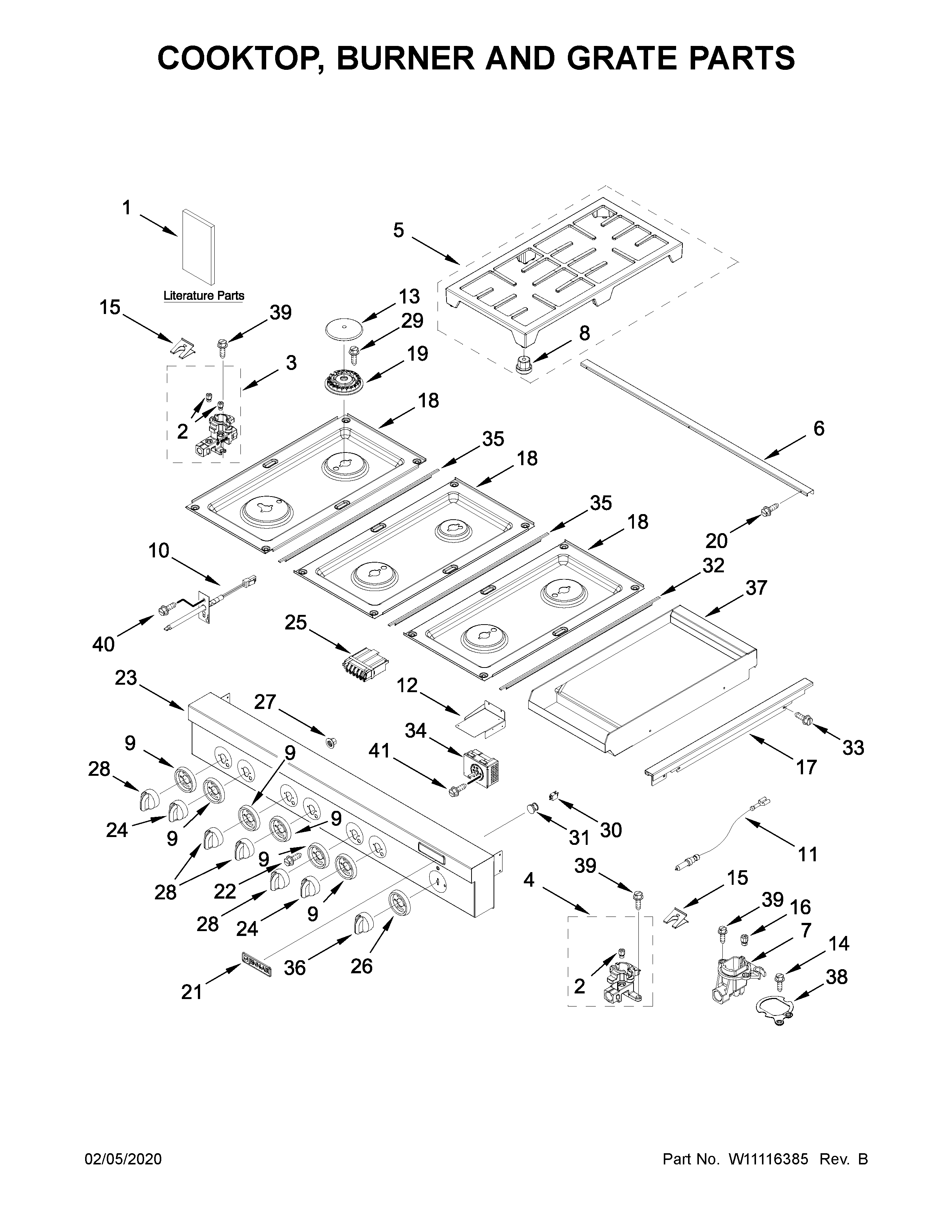 Jenn-Air JGCP548WP02 cooktop, burner and grate parts diagram