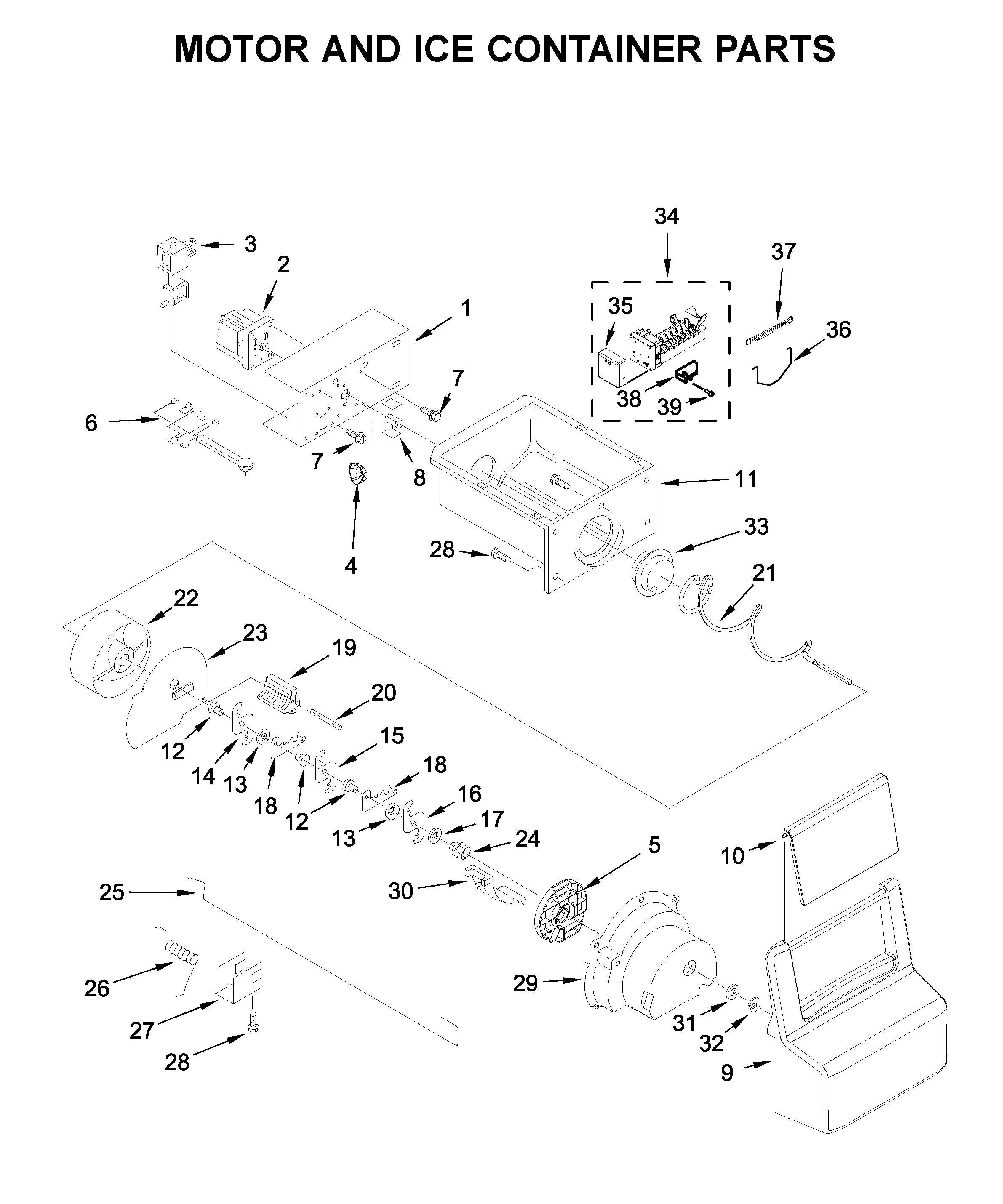 Whirlpool WRS325SDHV04 motor and ice container parts diagram