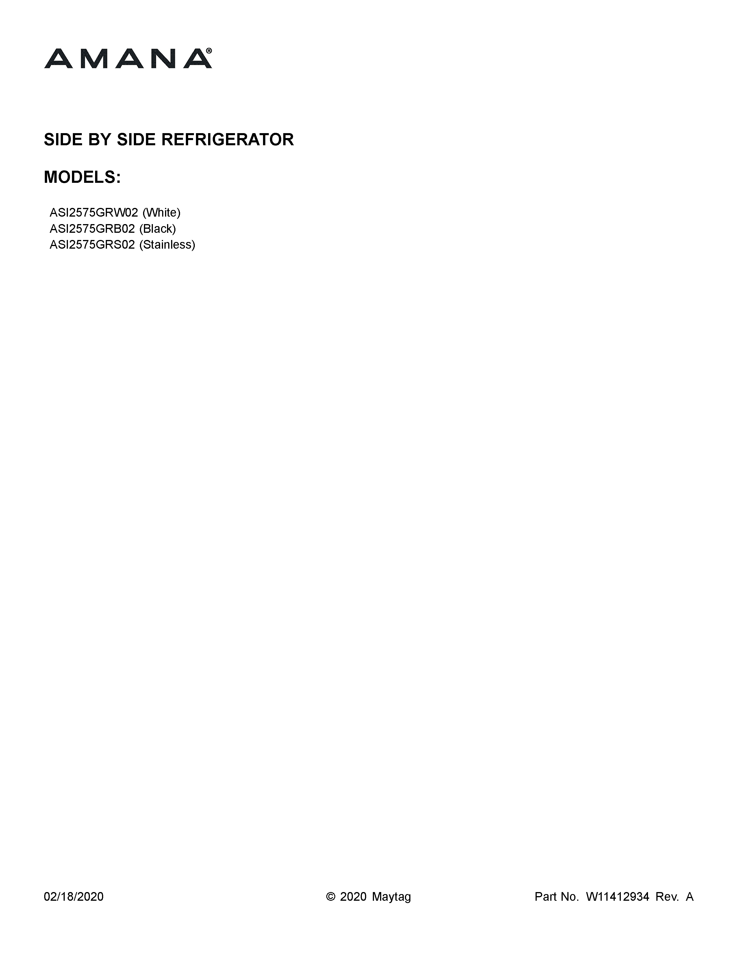 Amana ASI2575GRW02 cover sheet diagram